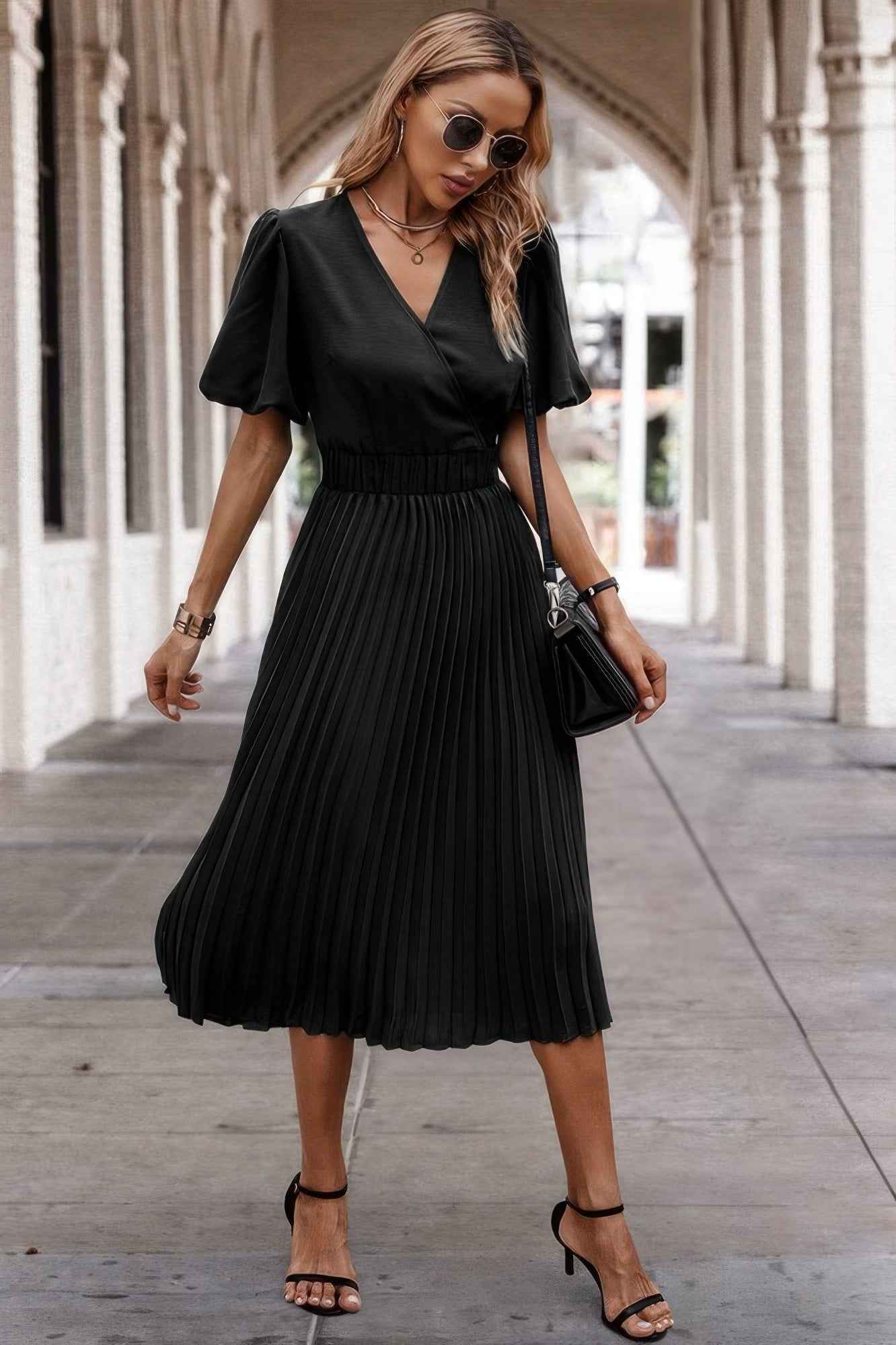 Solid Elastic Waist Band Pleated V Neck Dress