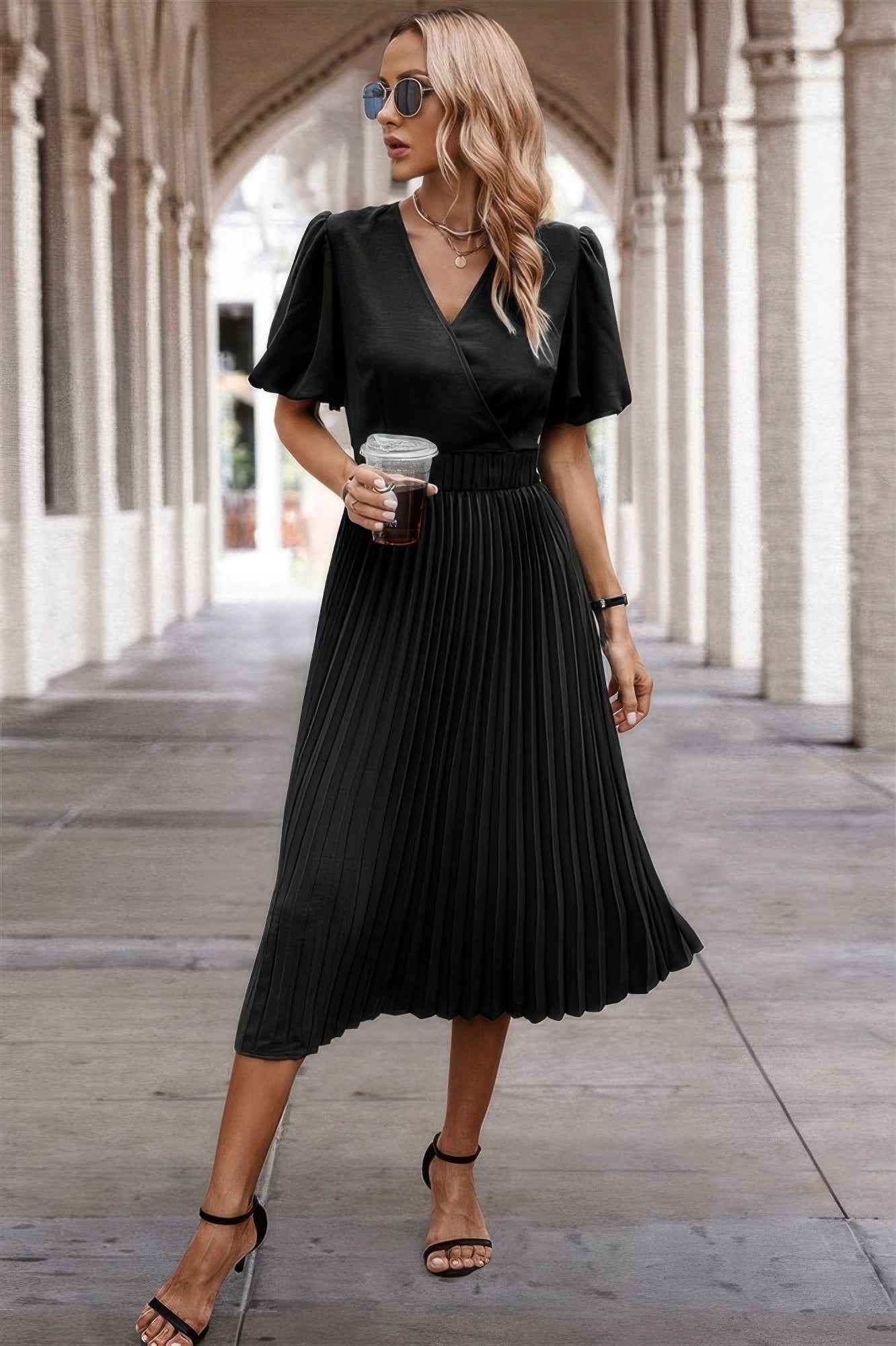 Solid Elastic Waist Band Pleated V Neck Dress
