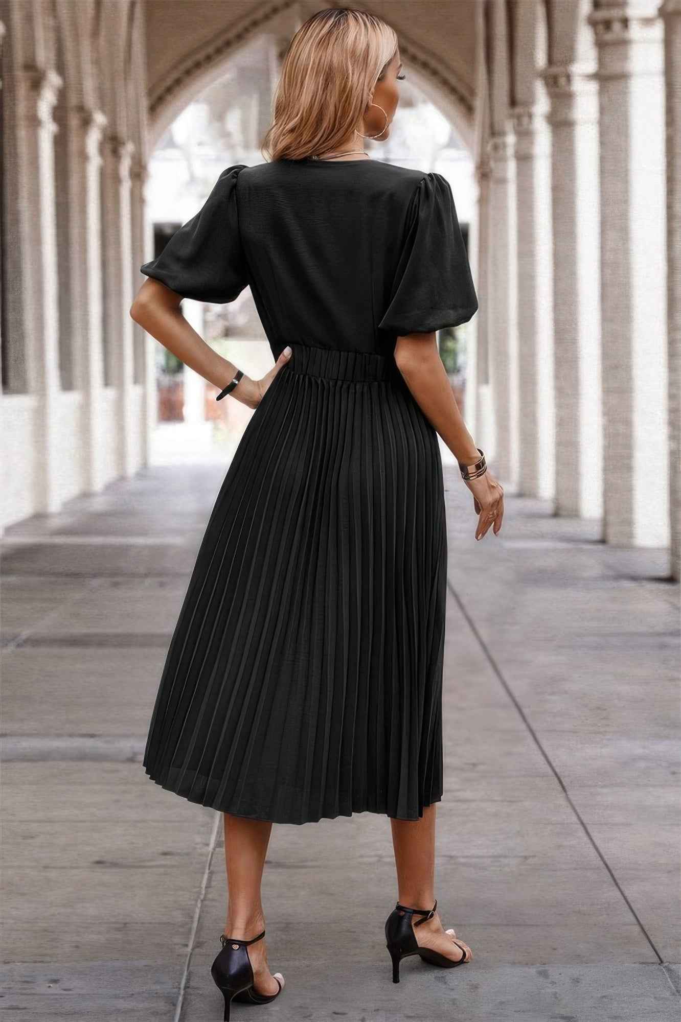 Solid Elastic Waist Band Pleated V Neck Dress