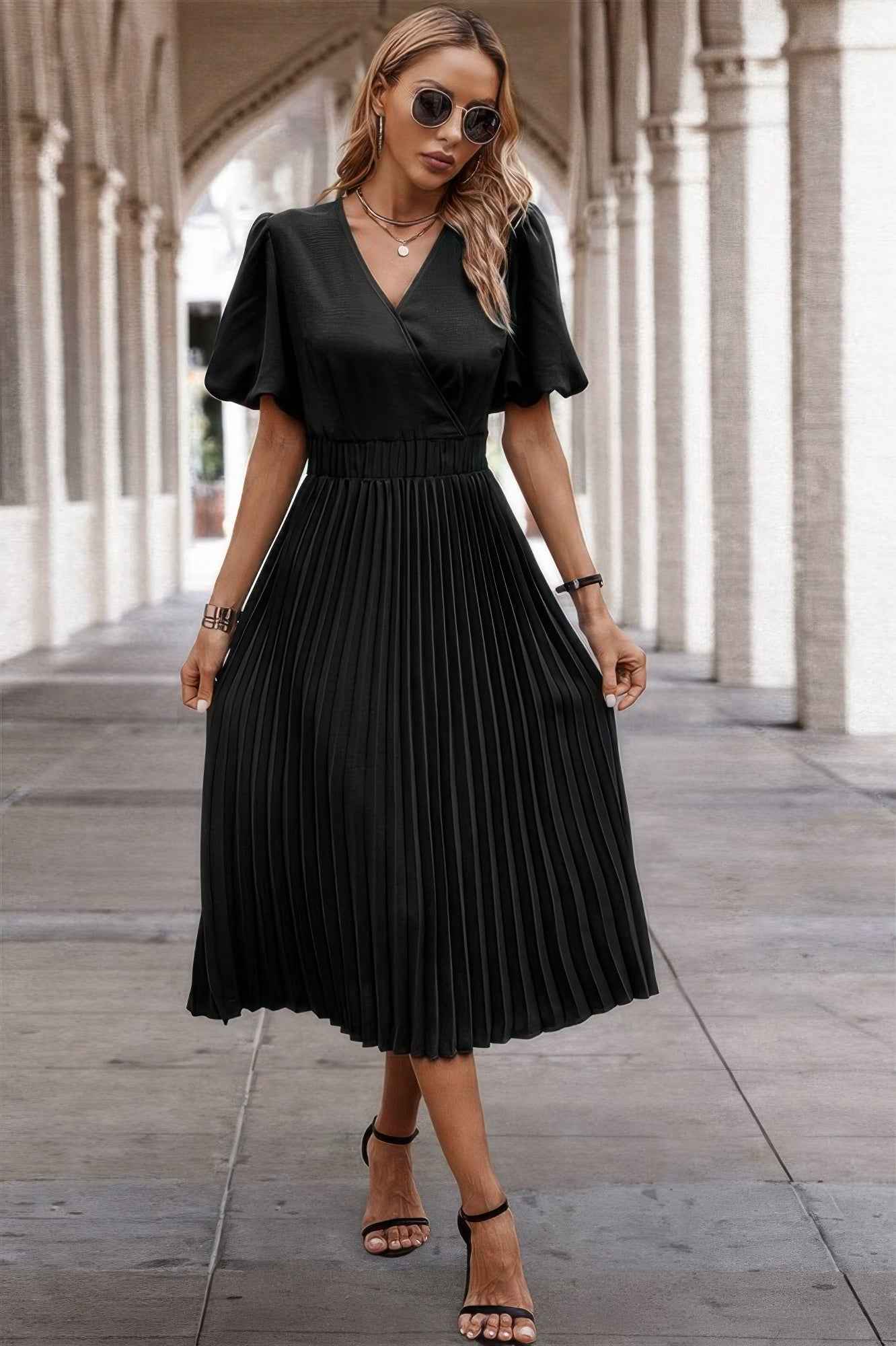 Solid Elastic Waist Band Pleated V Neck Dress