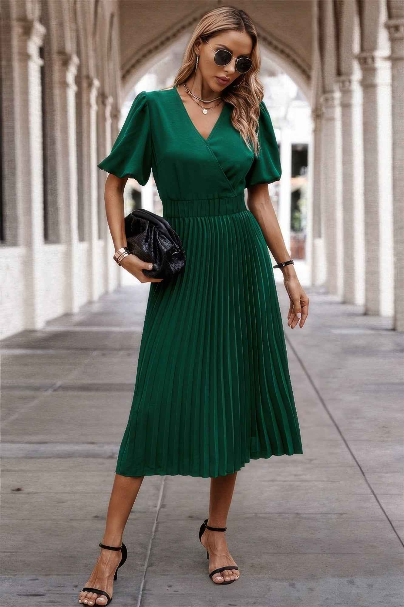 Solid Elastic Waist Band Pleated V Neck Dress