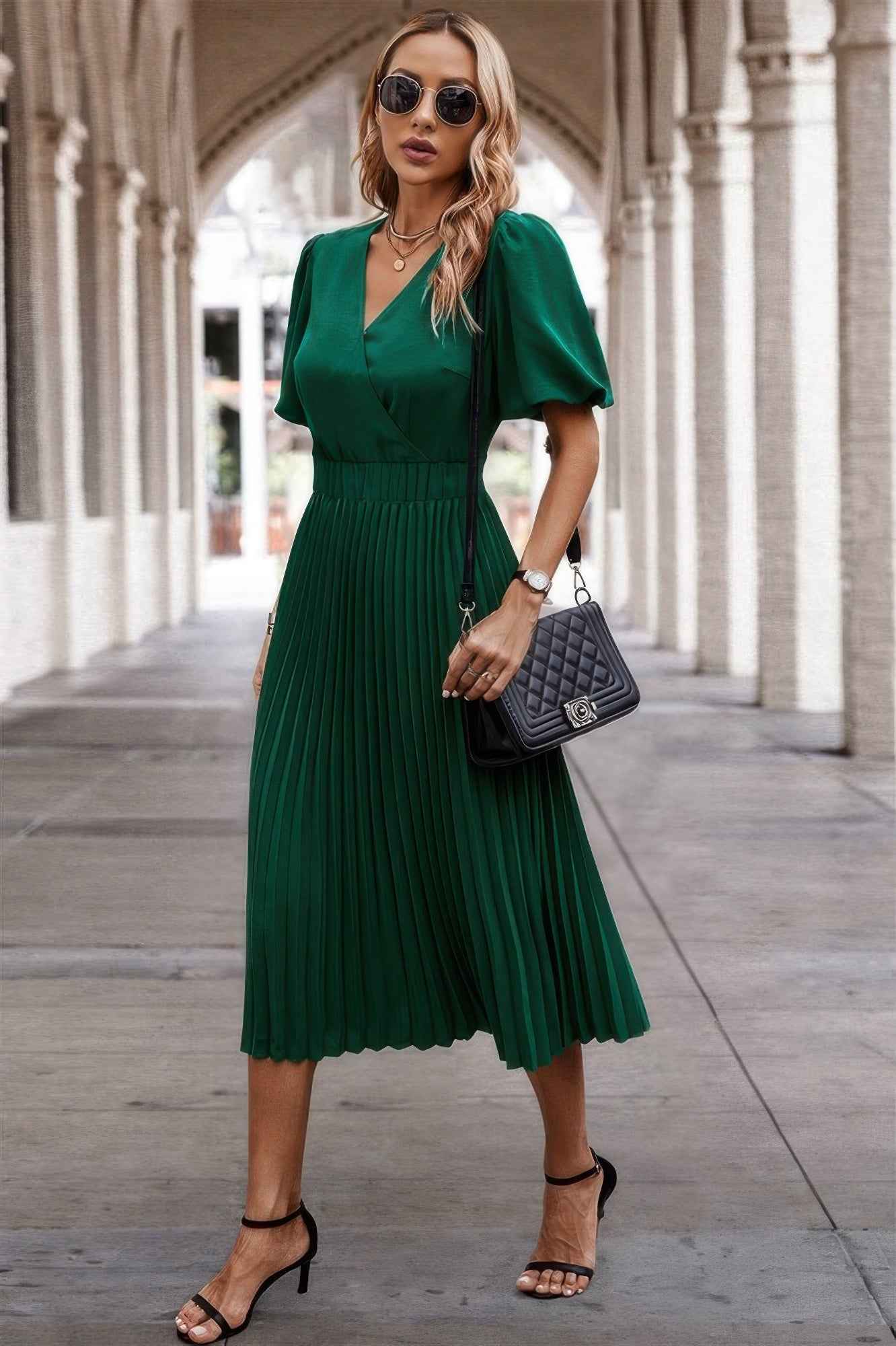 Solid Elastic Waist Band Pleated V Neck Dress