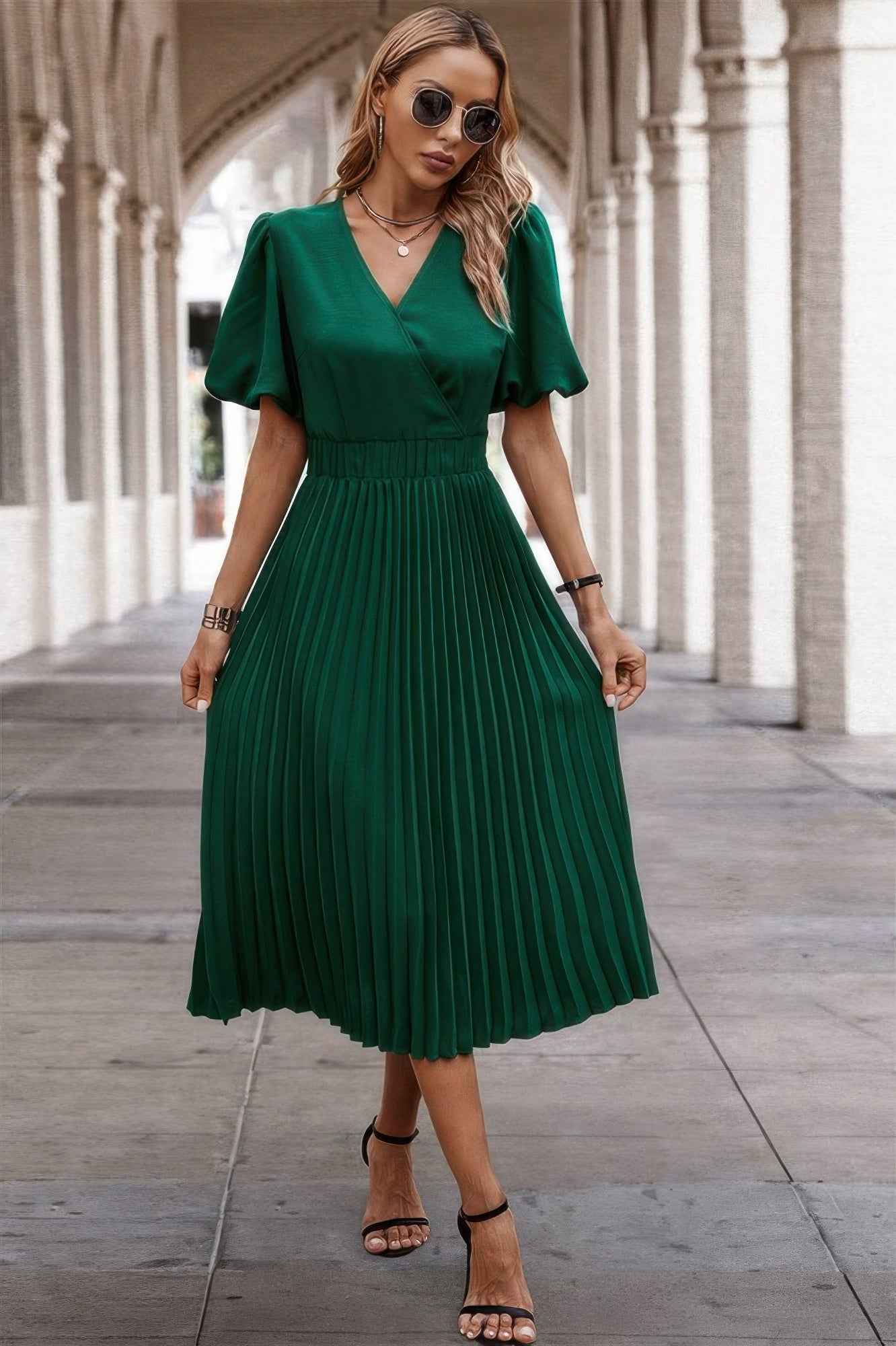 Solid Elastic Waist Band Pleated V Neck Dress