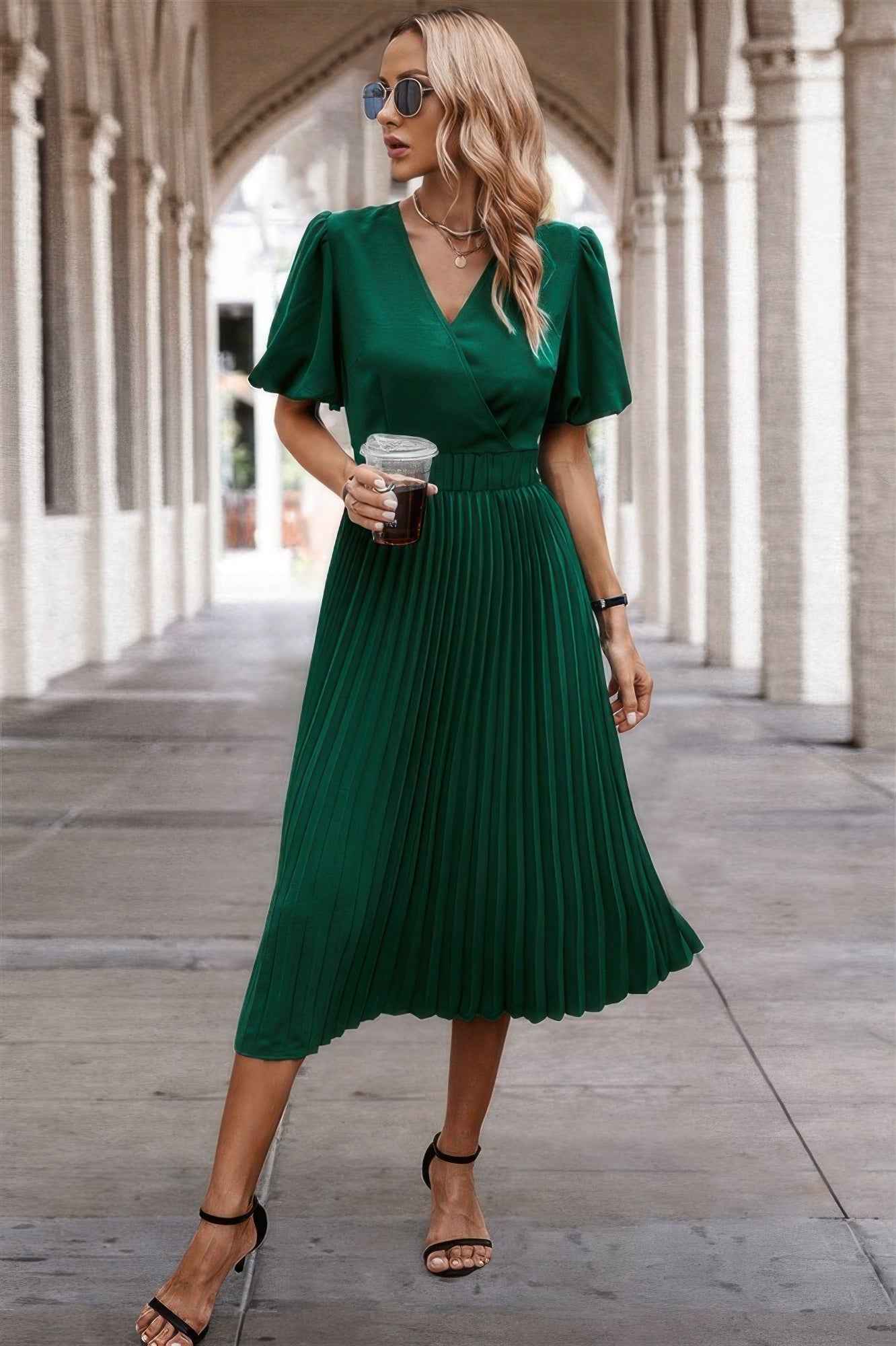Solid Elastic Waist Band Pleated V Neck Dress