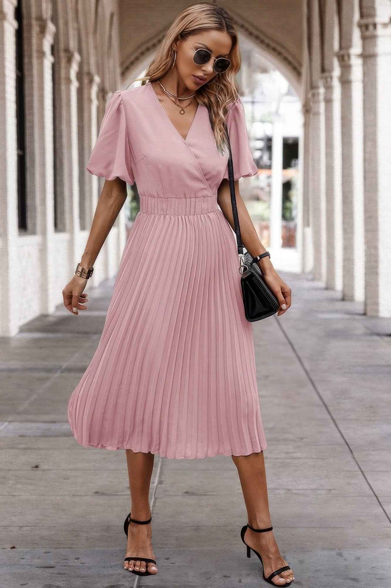 Solid Elastic Waist Band Pleated V Neck Dress