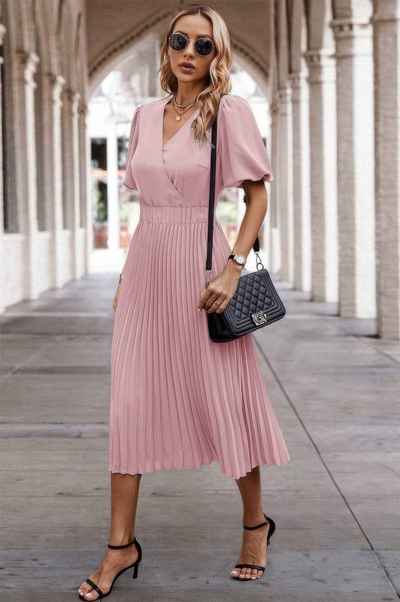 Solid Elastic Waist Band Pleated V Neck Dress