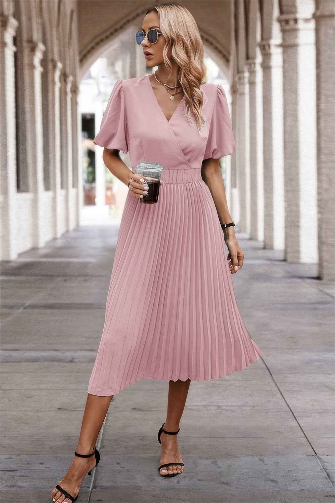 Solid Elastic Waist Band Pleated V Neck Dress
