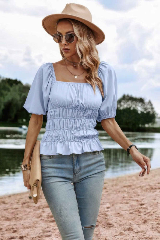 Solid Square Neck Shirred Flounce Sleeve Peplum Blouse