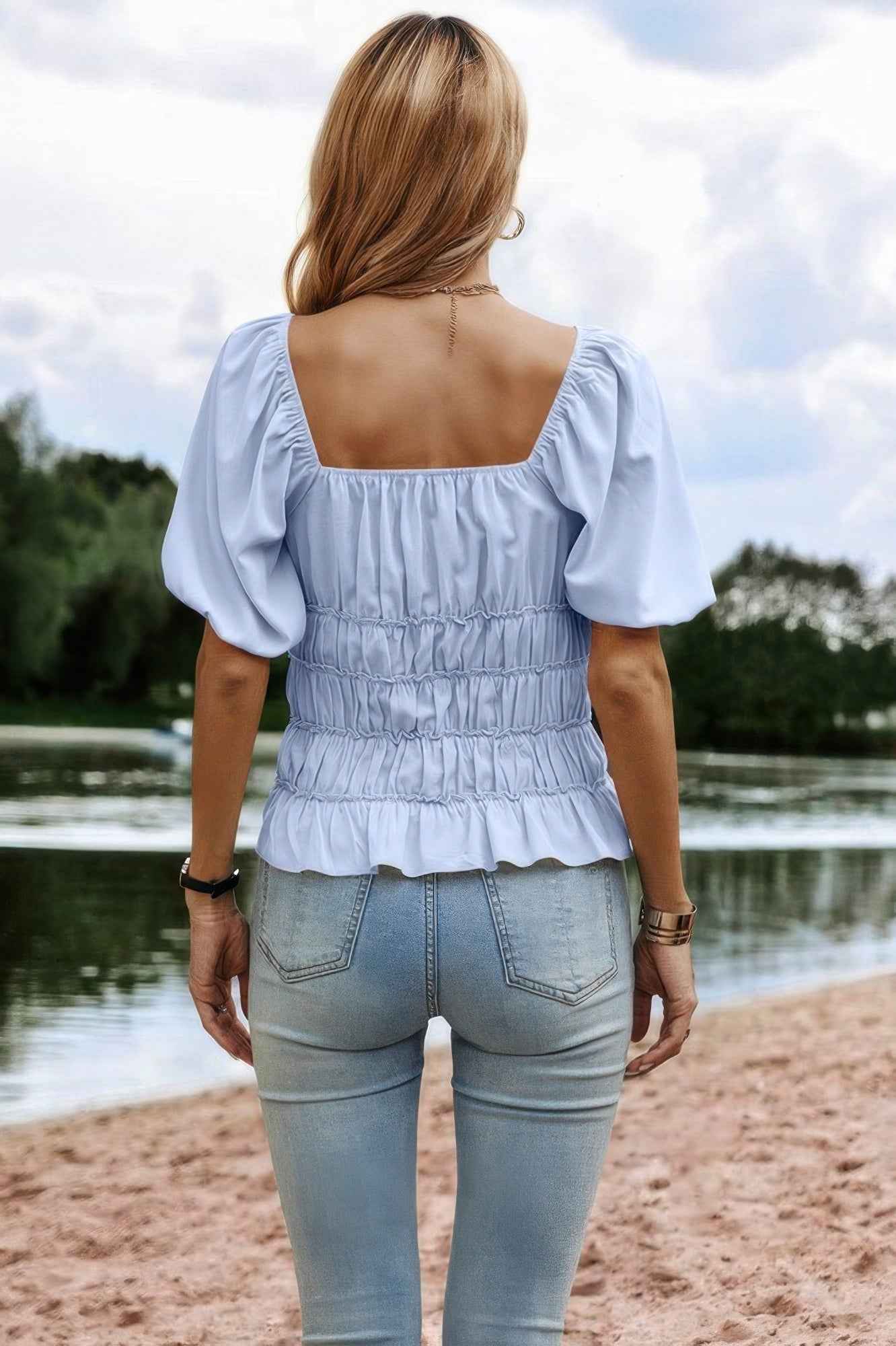 Solid Square Neck Shirred Flounce Sleeve Peplum Blouse