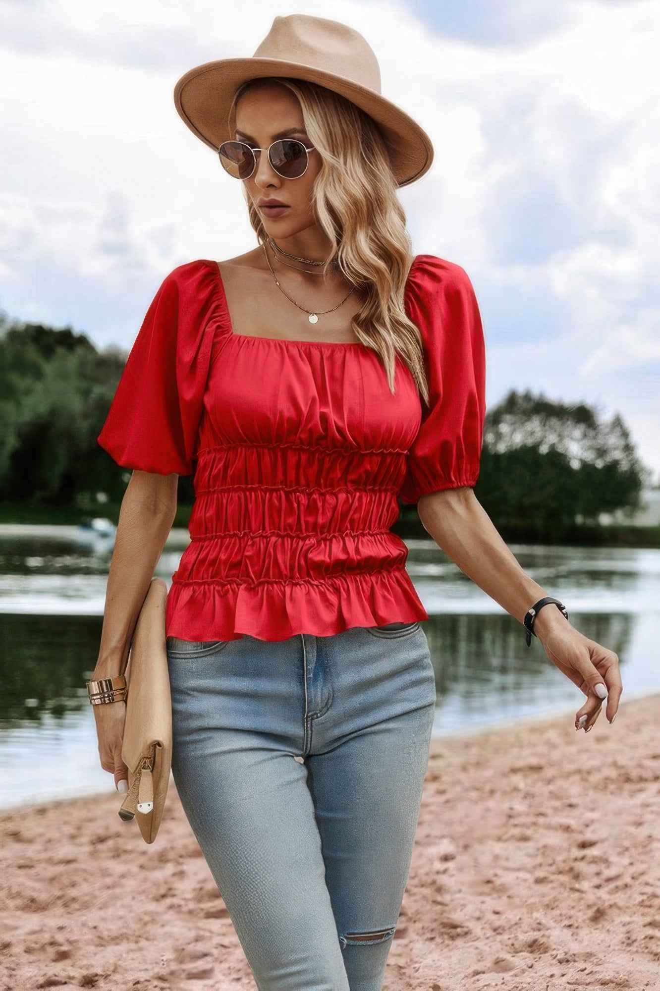Solid Square Neck Shirred Flounce Sleeve Peplum Blouse