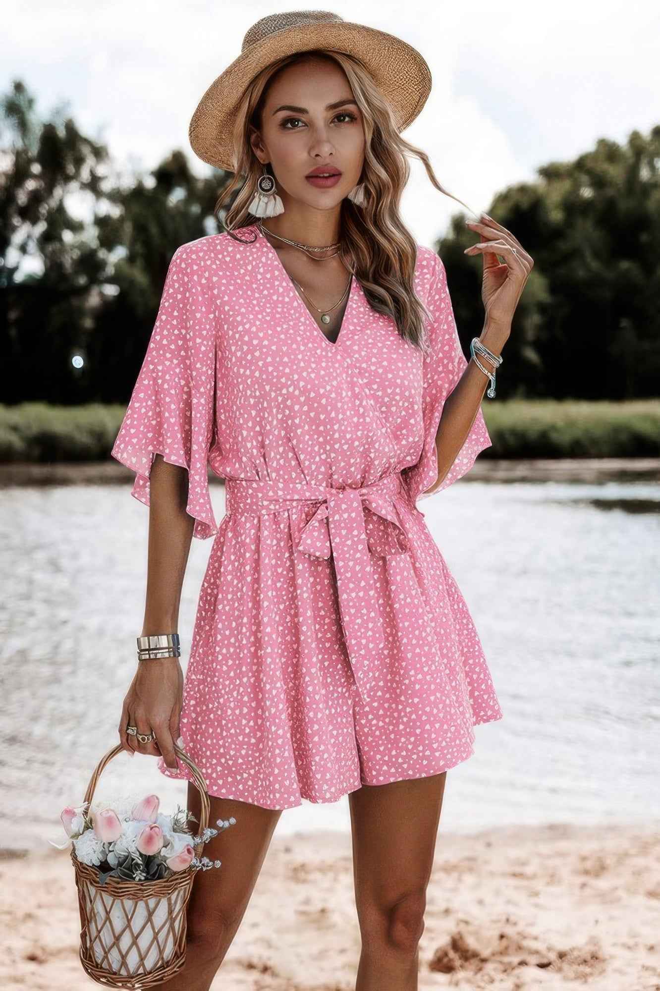 V Neck Ruffled Belted Flared Hemmed Romper