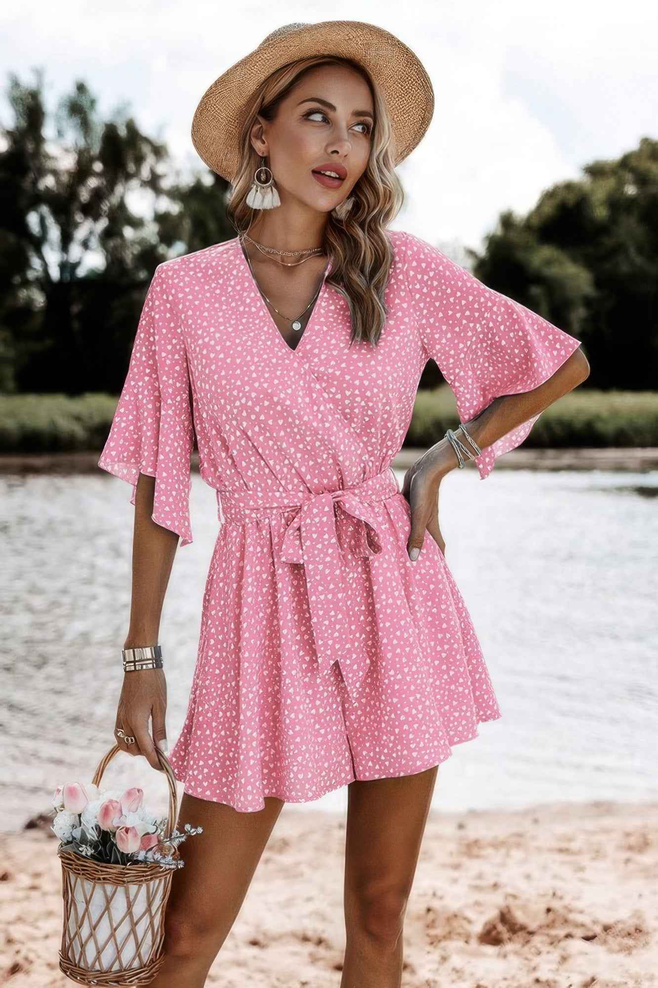 V Neck Ruffled Belted Flared Hemmed Romper