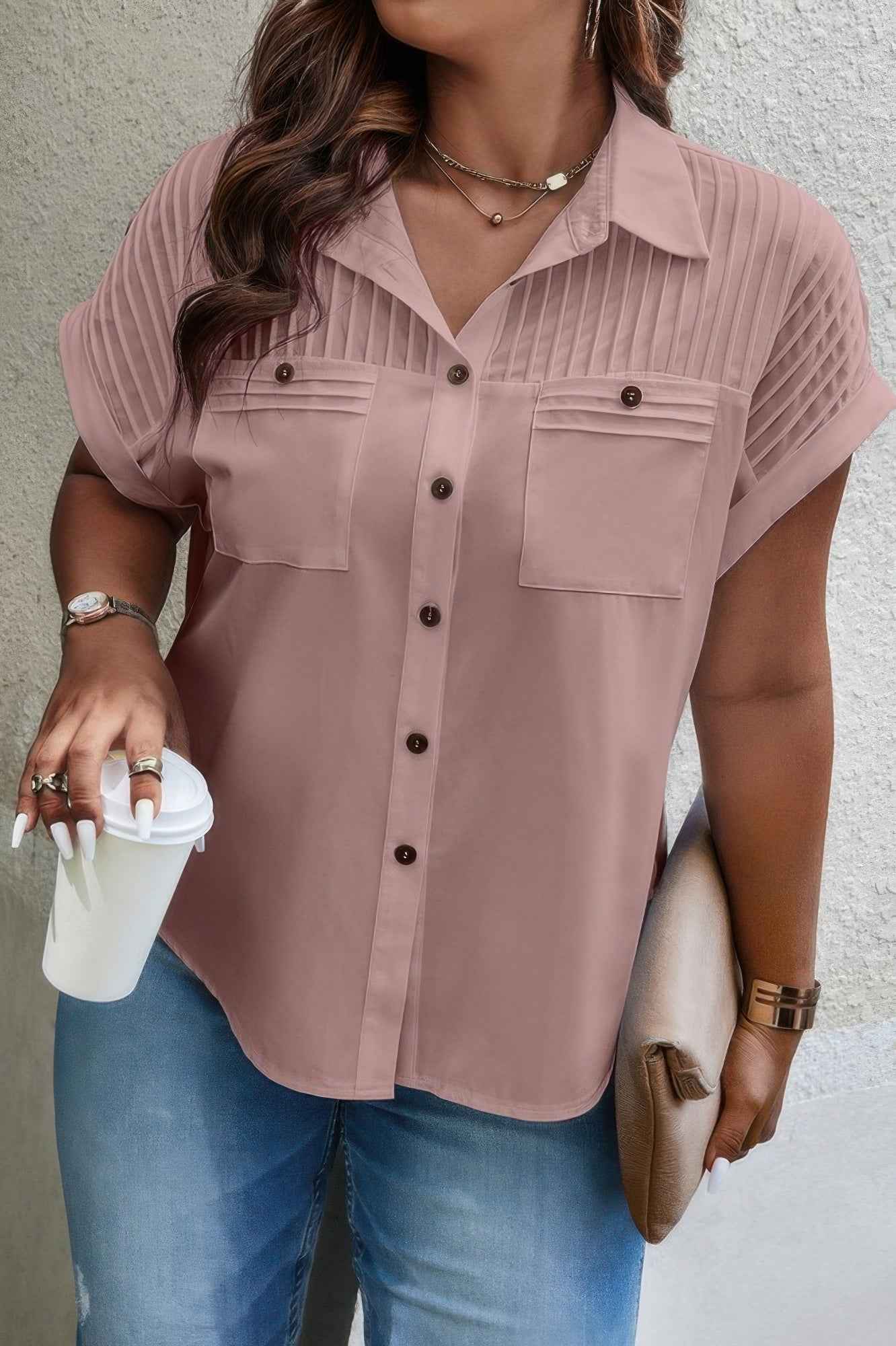 Plus Size Button Solid Color Block Loose Blouse