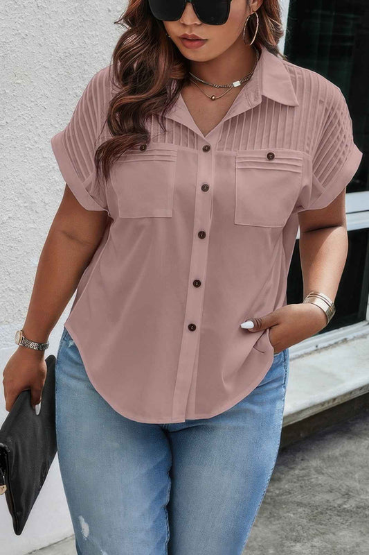 Plus Size Button Solid Color Block Loose Blouse