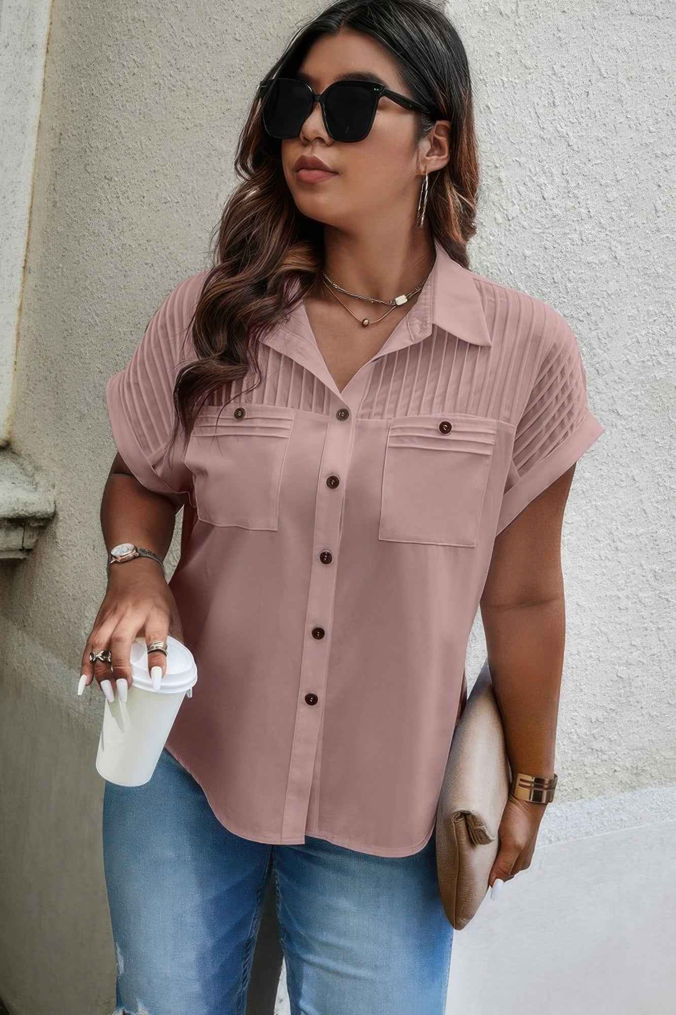 Plus Size Button Solid Color Block Loose Blouse