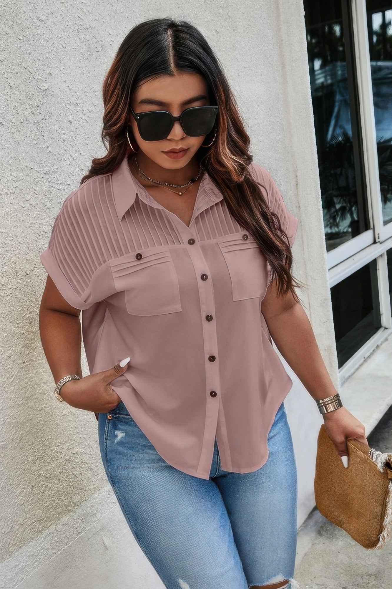 Plus Size Button Solid Color Block Loose Blouse