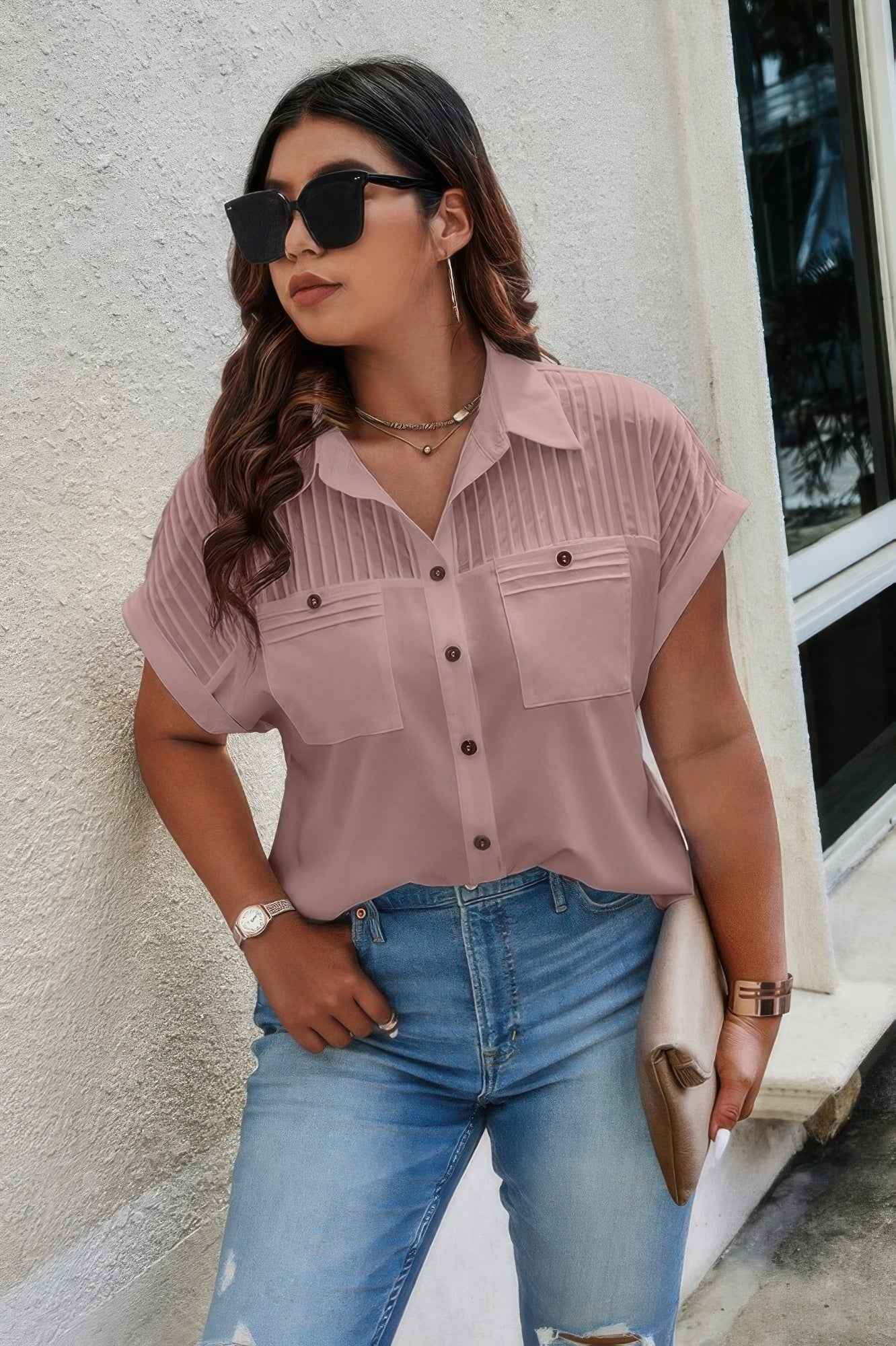 Plus Size Button Solid Color Block Loose Blouse