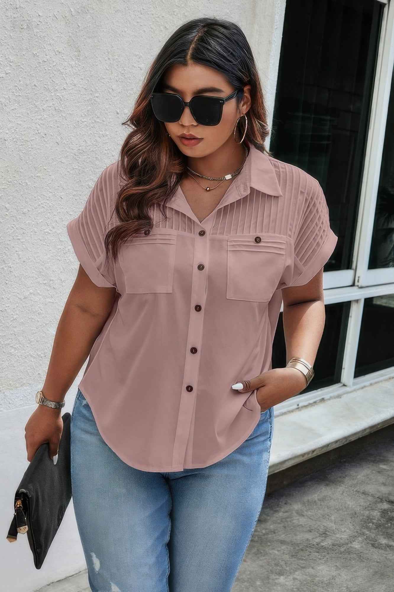 Plus Size Button Solid Color Block Loose Blouse