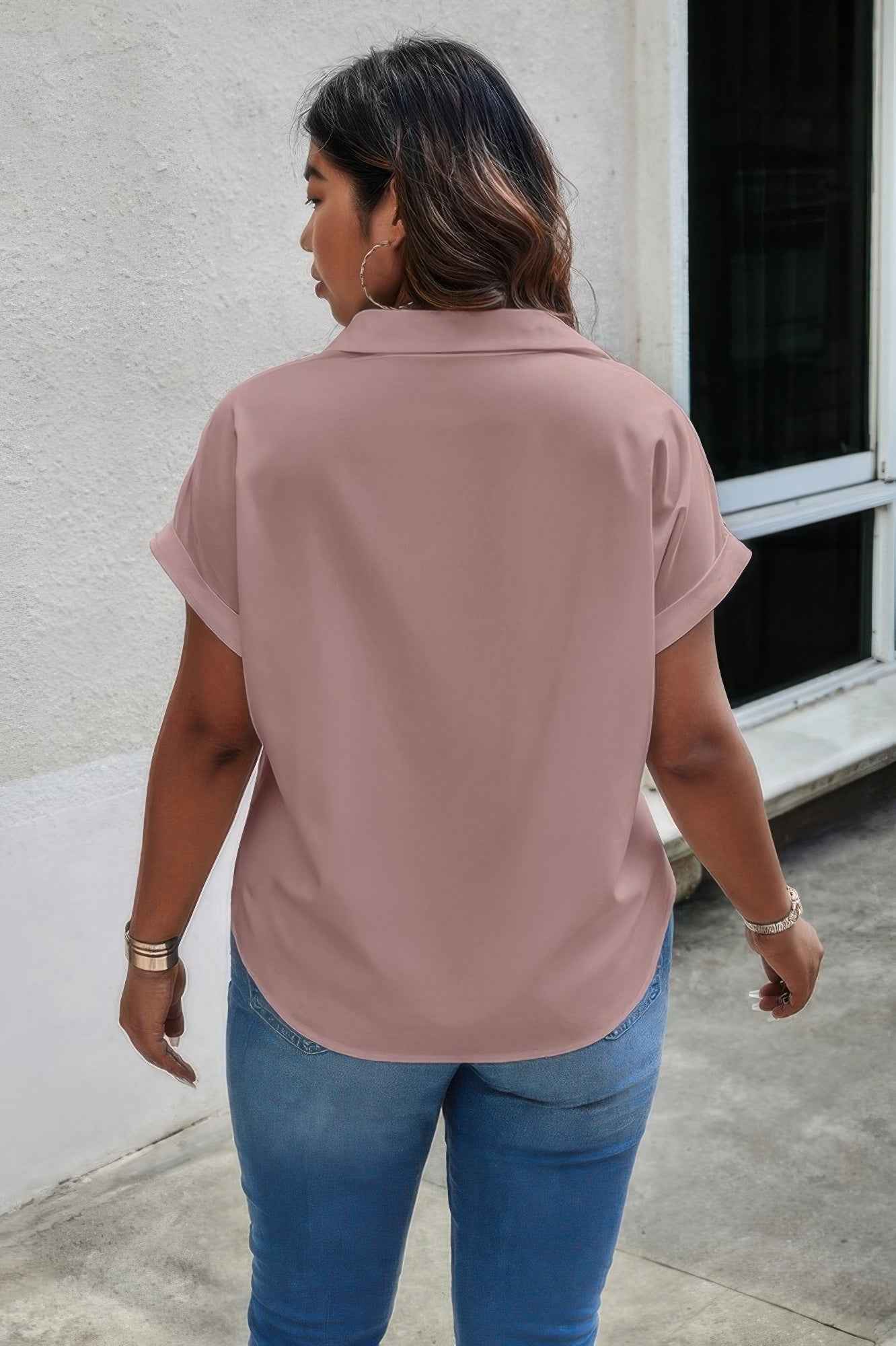 Plus Size Button Solid Color Block Loose Blouse