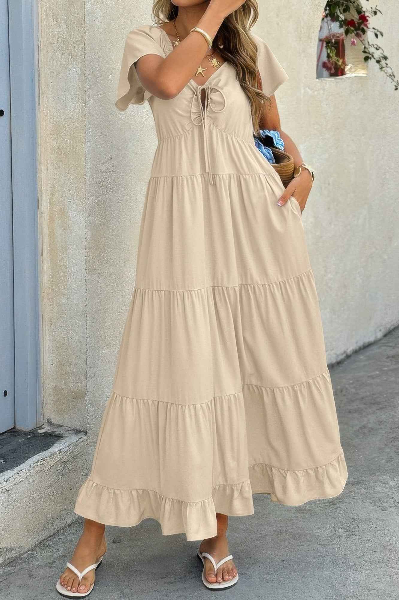 Cross Knot Color Block Pockets A Line Dress