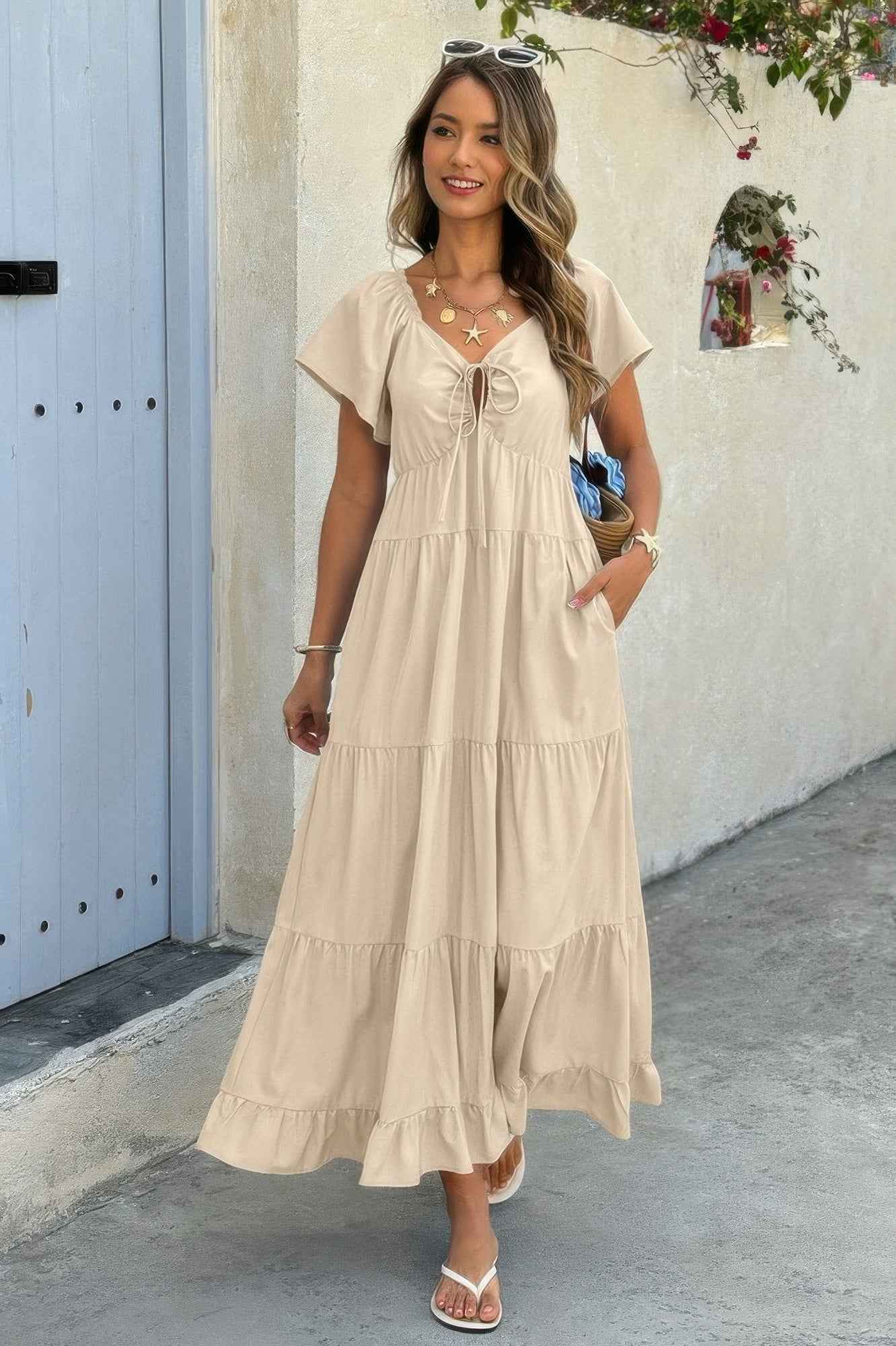 Cross Knot Color Block Pockets A Line Dress