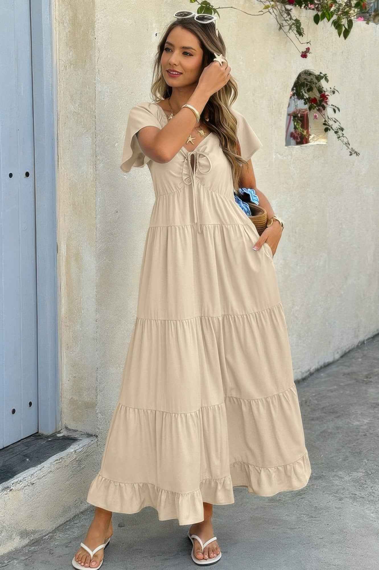 Cross Knot Color Block Pockets A Line Dress