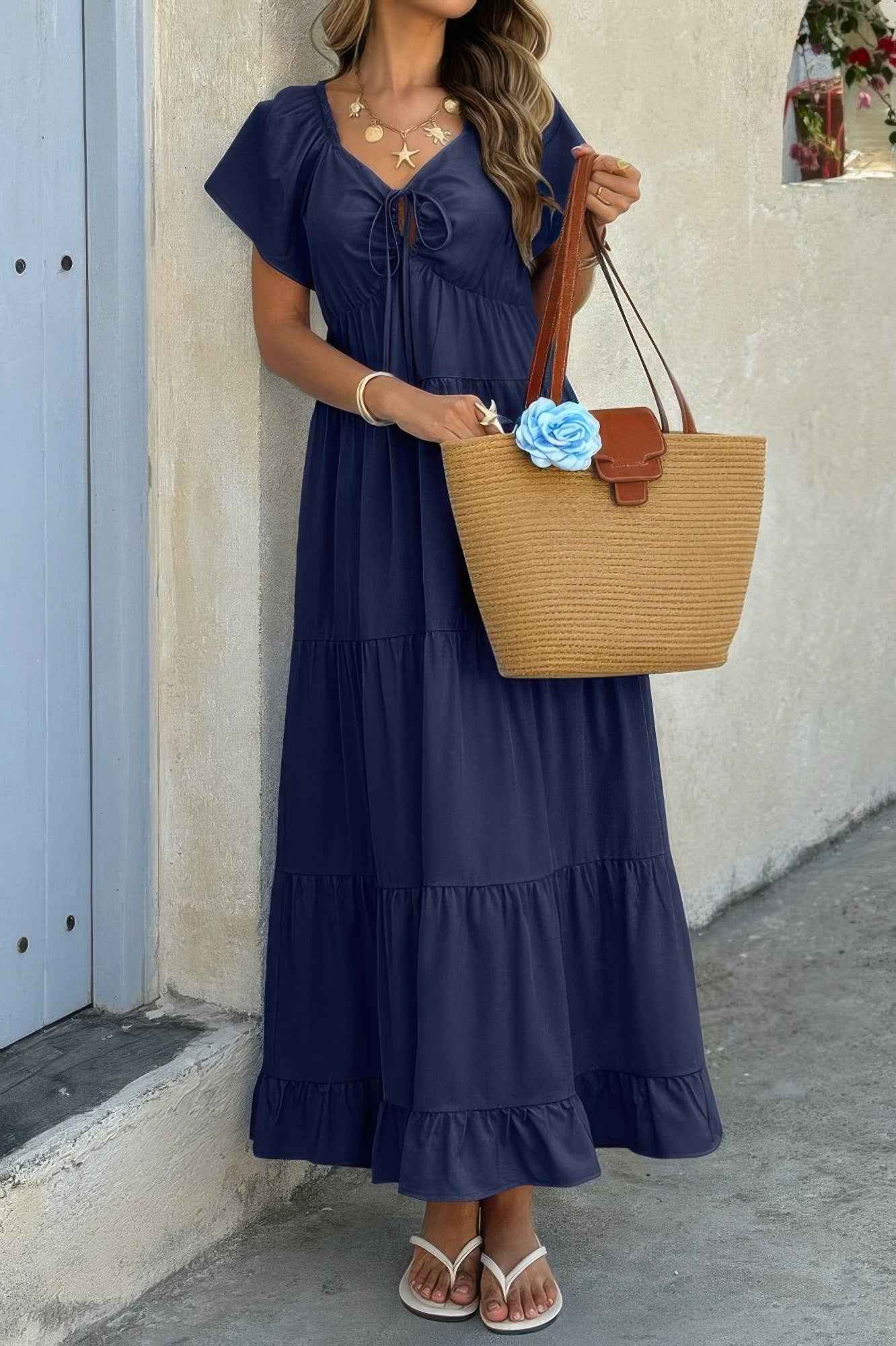 Square Neck Cross Knot Pockets Ruffle Hem Dress