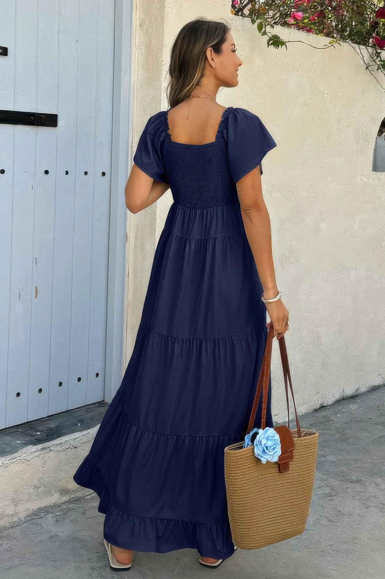 Square Neck Cross Knot Pockets Ruffle Hem Dress