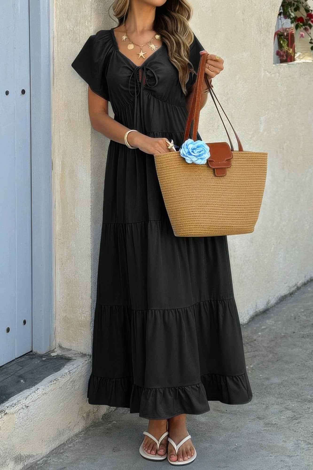 Square Neck Cross Knot Pockets Ruffle Hem Dress