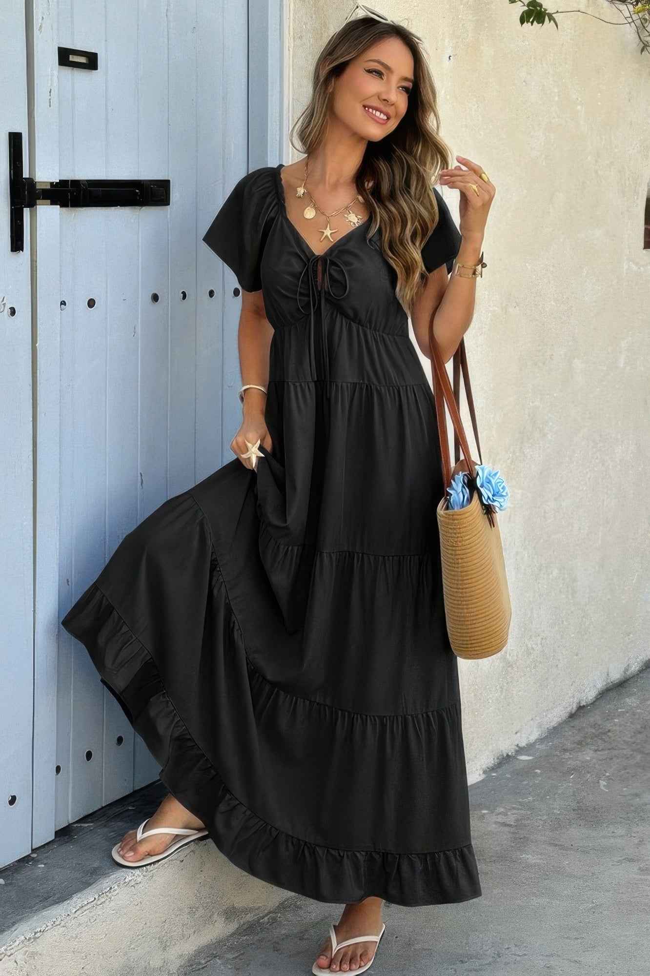 Square Neck Cross Knot Pockets Ruffle Hem Dress