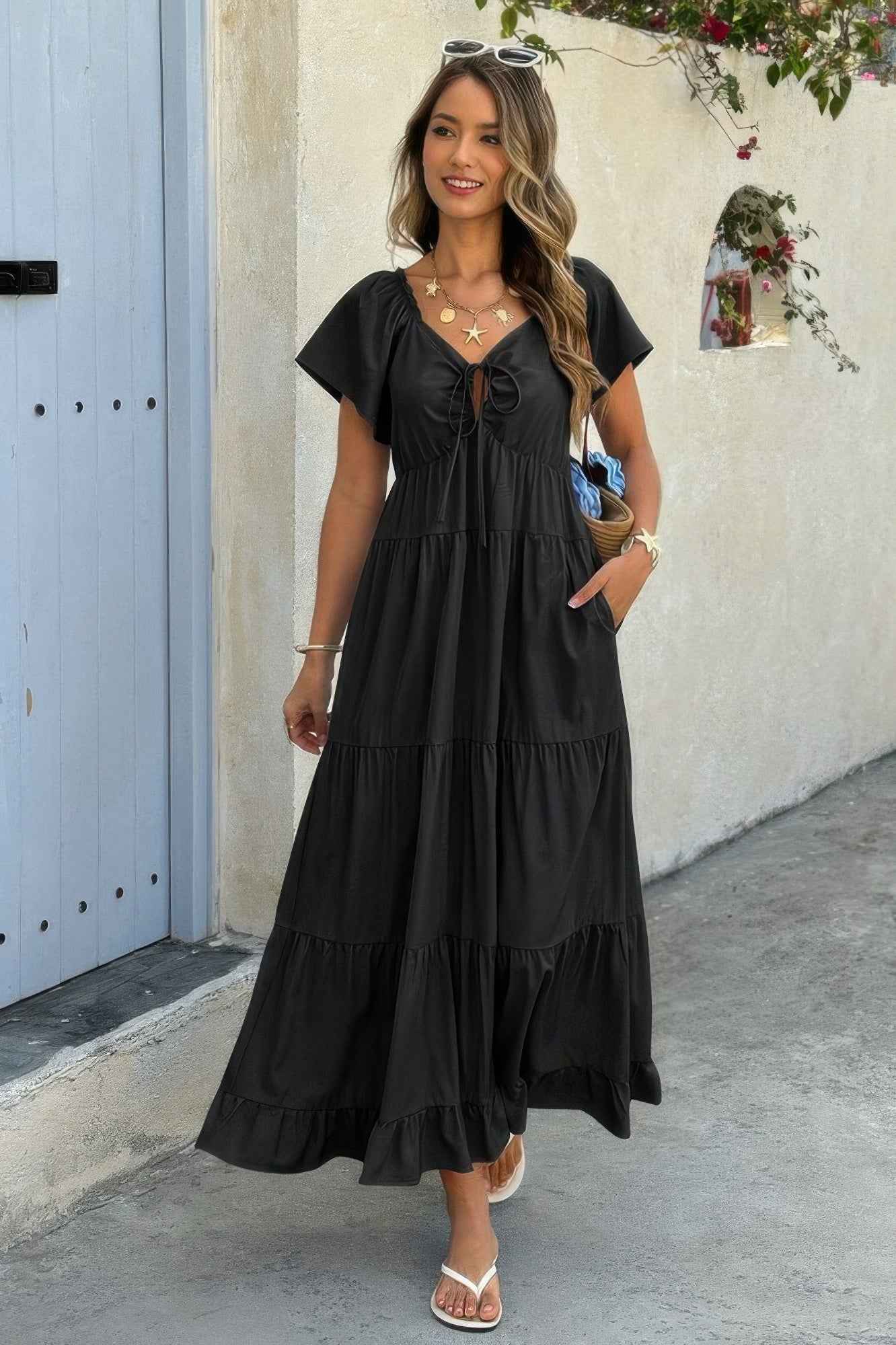 Square Neck Cross Knot Pockets Ruffle Hem Dress