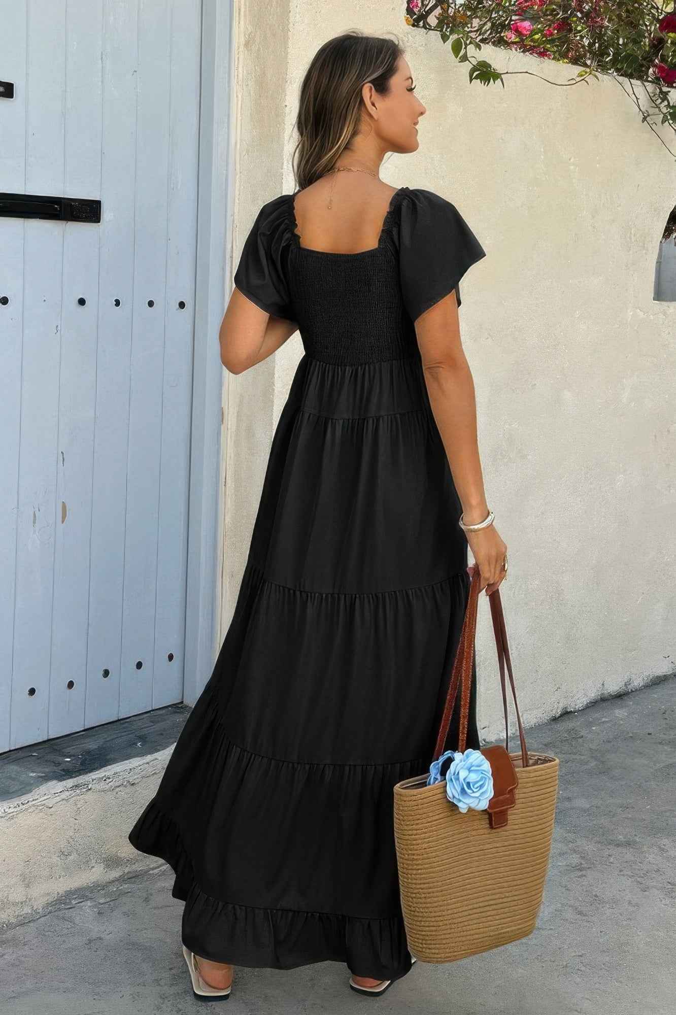 Square Neck Cross Knot Pockets Ruffle Hem Dress