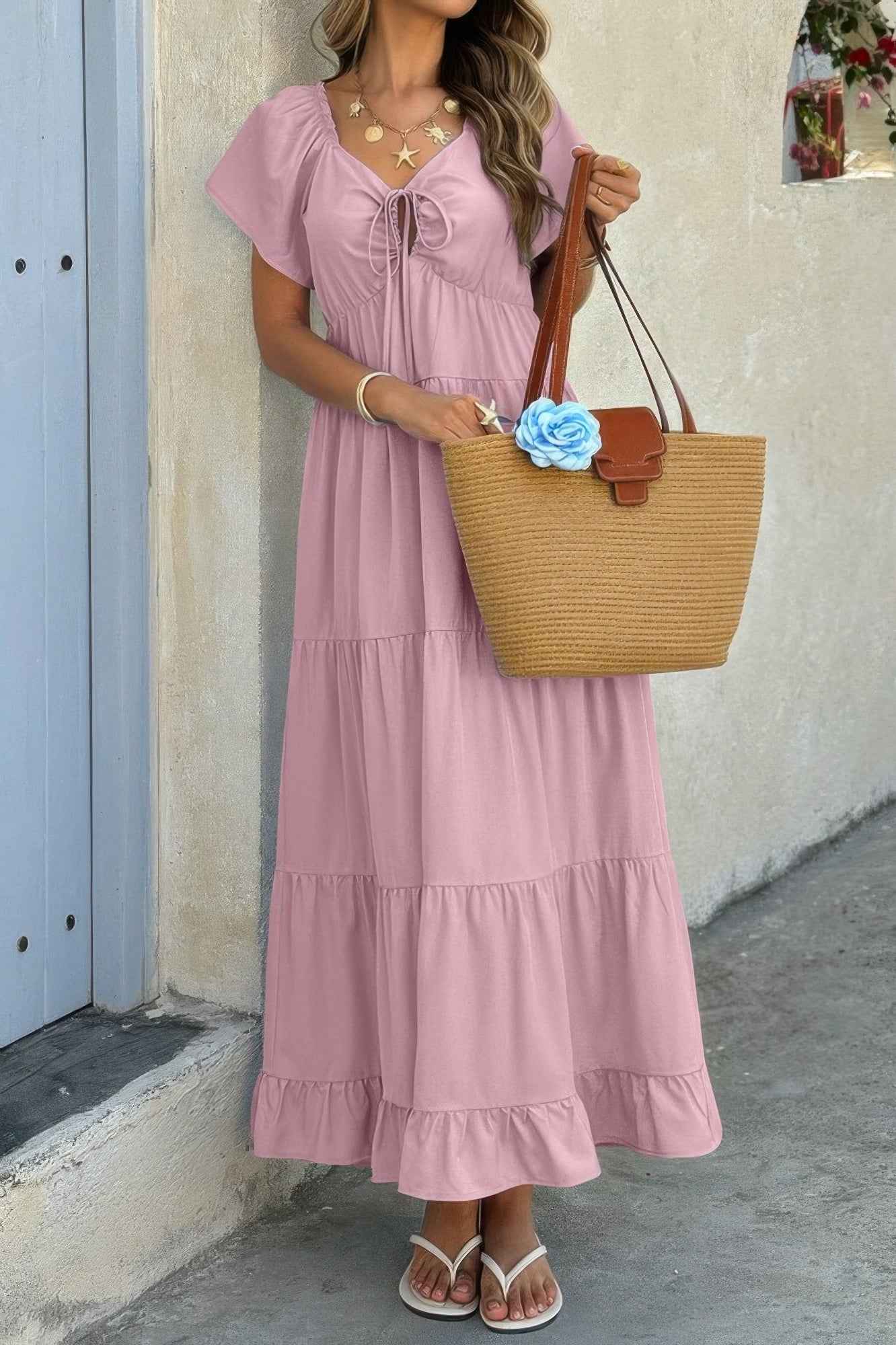 Square Neck Cross Knot Pockets Ruffle Hem Dress