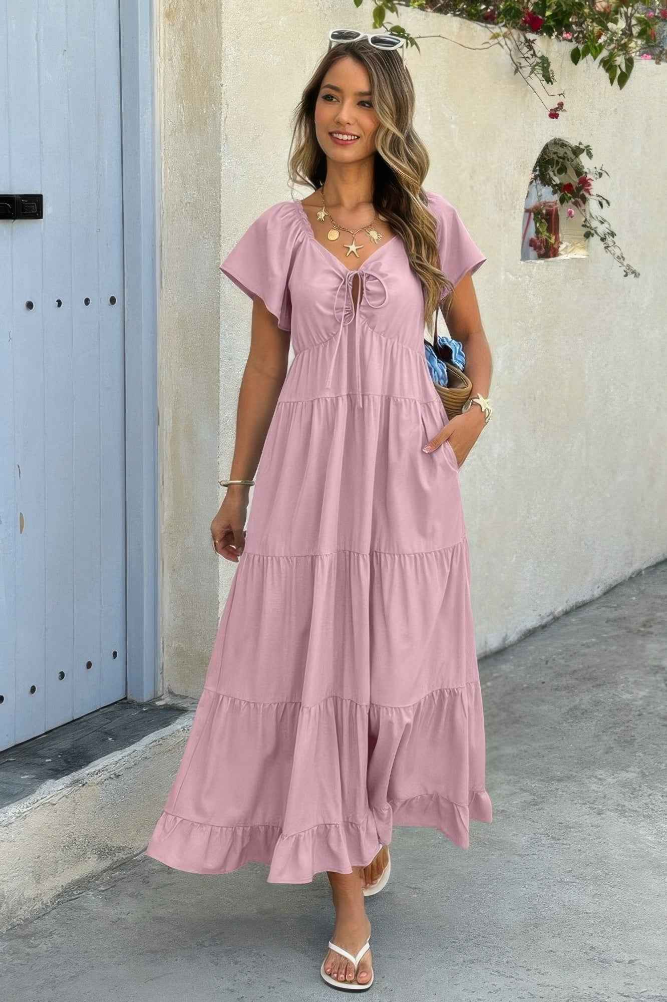 Square Neck Cross Knot Pockets Ruffle Hem Dress