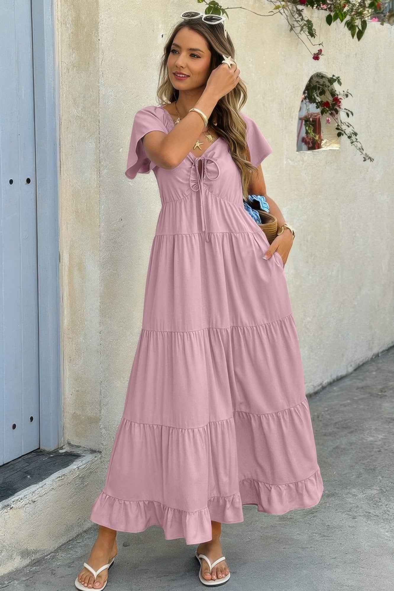 Square Neck Cross Knot Pockets Ruffle Hem Dress