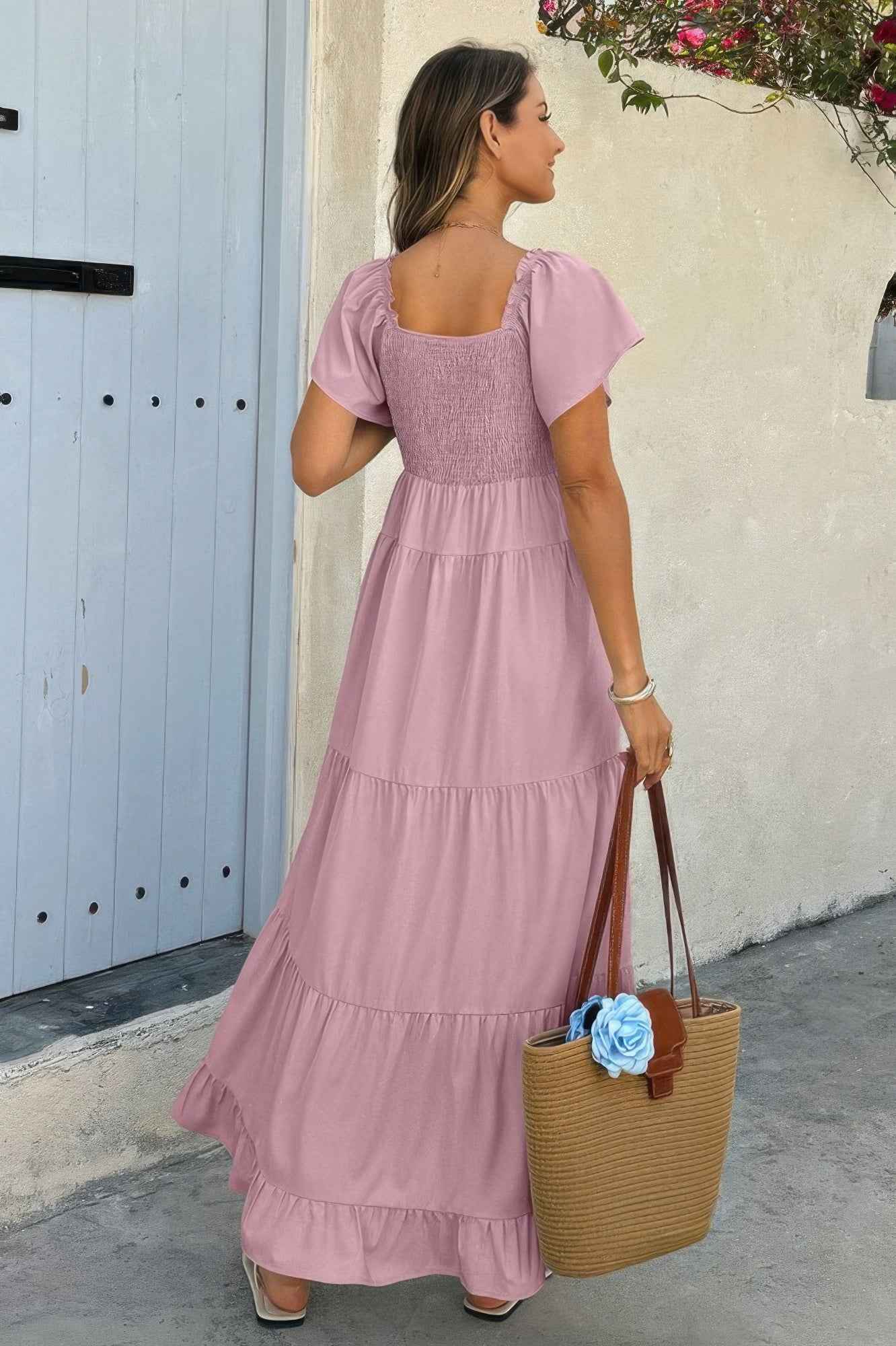 Square Neck Cross Knot Pockets Ruffle Hem Dress