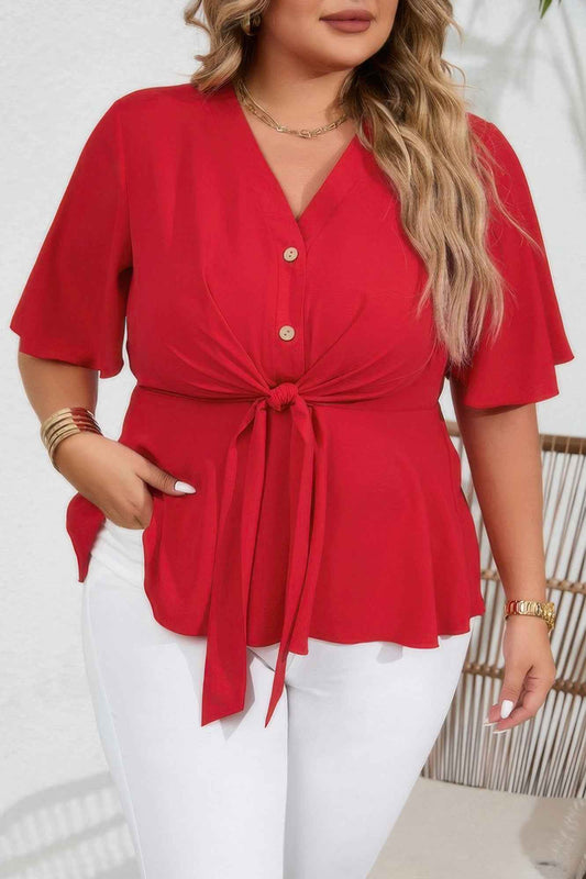 Plus Tie Front Half Button V Neck Solid Blouse