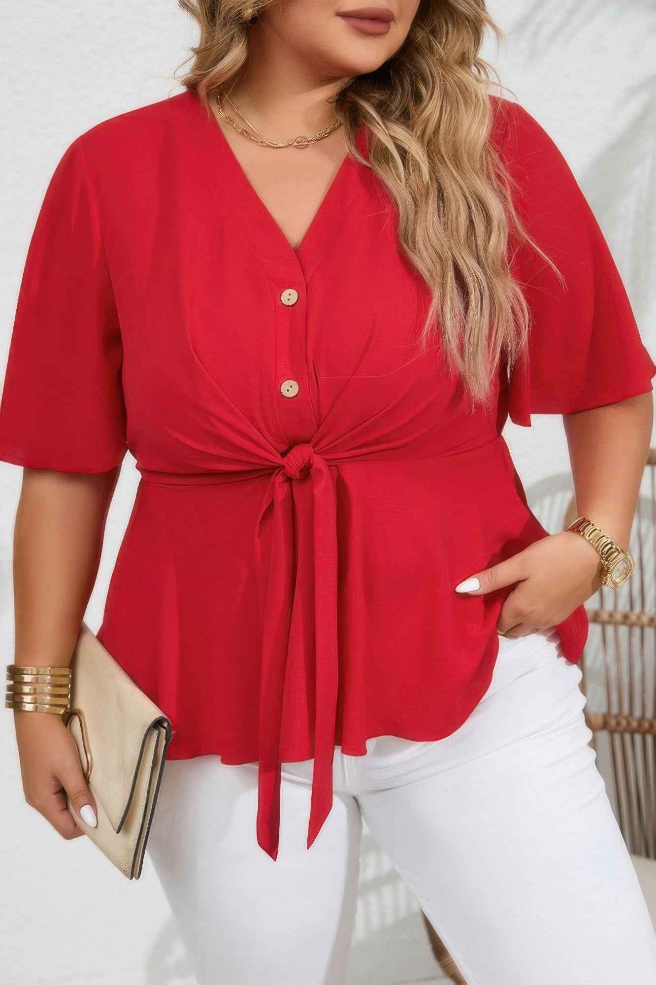 Plus Tie Front Half Button V Neck Solid Blouse