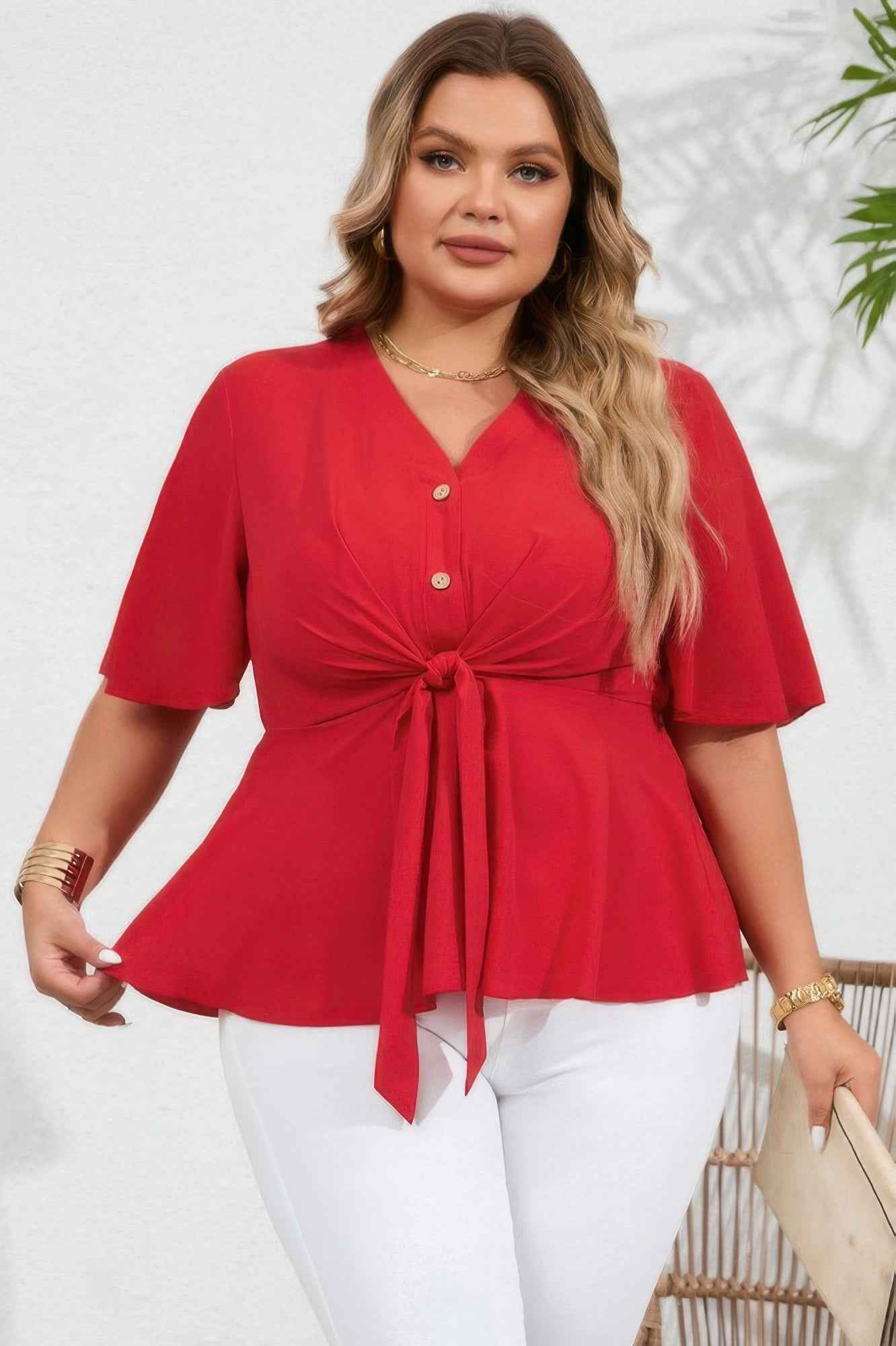 Plus Tie Front Half Button V Neck Solid Blouse