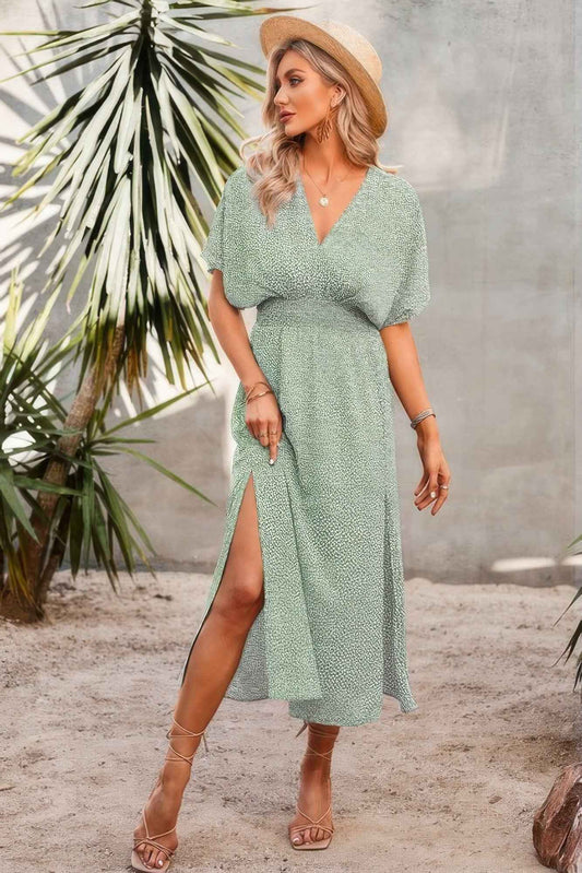 V Neck Speckled Side Split Fit Maxi Dress