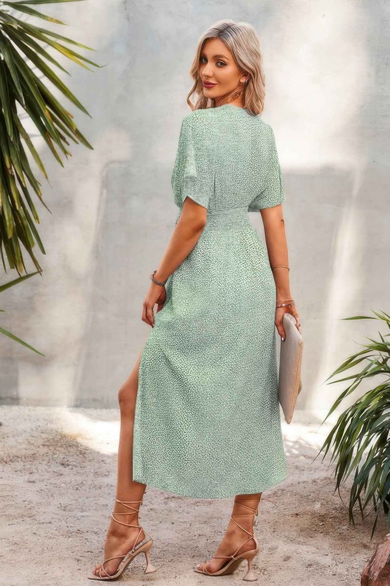 V Neck Speckled Side Split Fit Maxi Dress