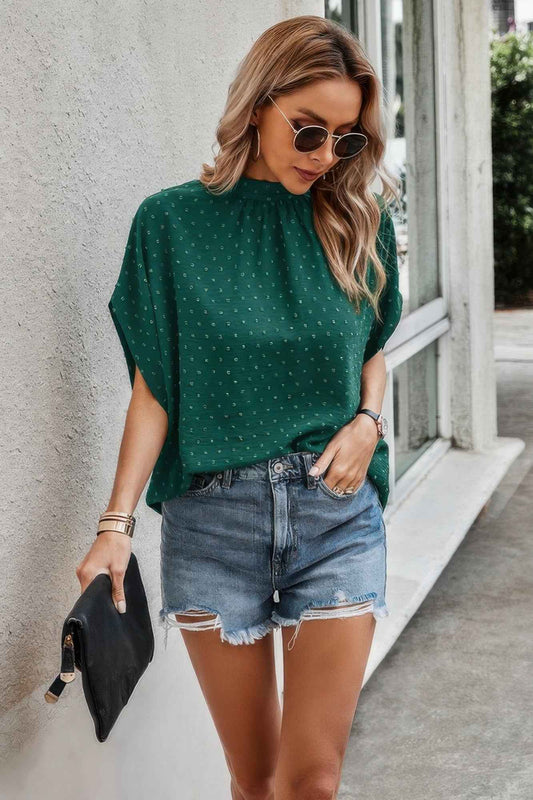 Solid Swiss Dot Mock Neck Drop Shoulder Blouse