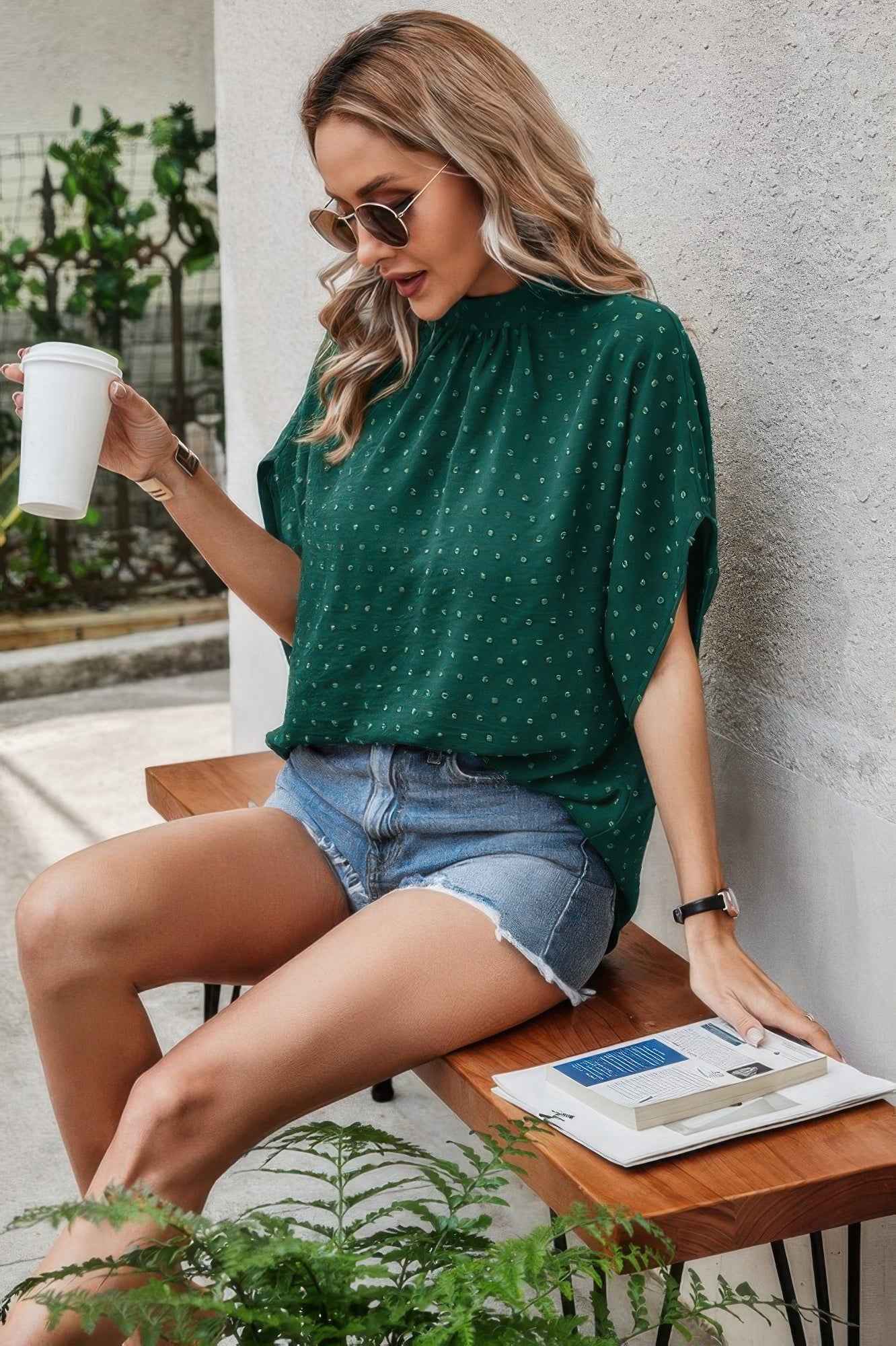 Solid Swiss Dot Mock Neck Drop Shoulder Blouse