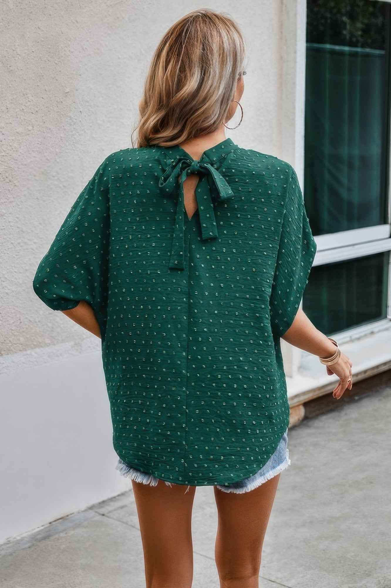 Solid Swiss Dot Mock Neck Drop Shoulder Blouse