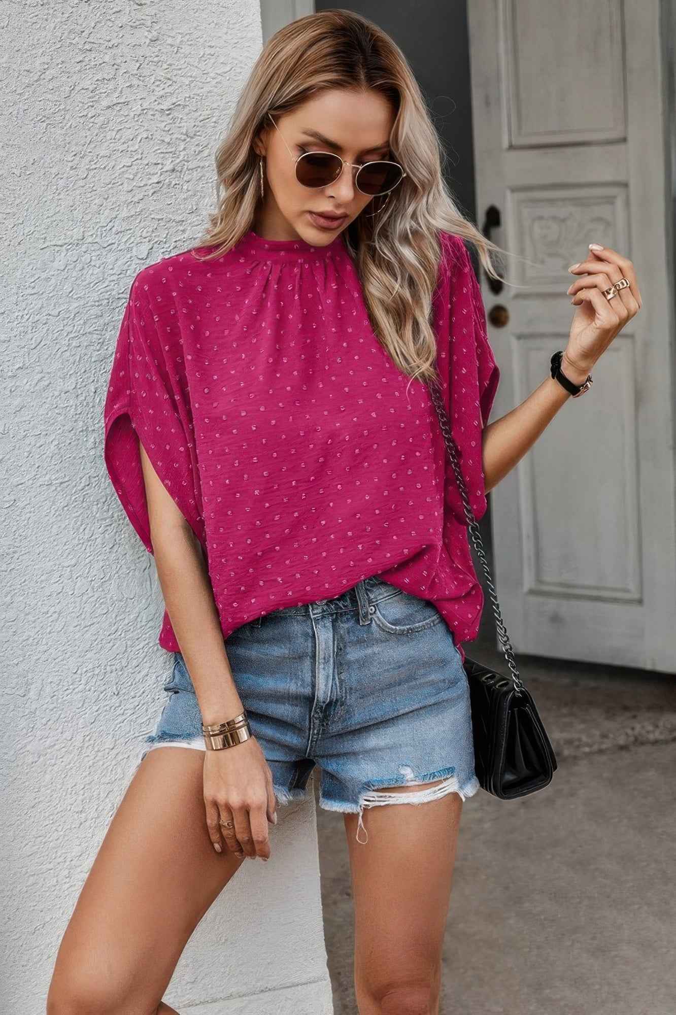 Solid Swiss Dot Mock Neck Drop Shoulder Blouse