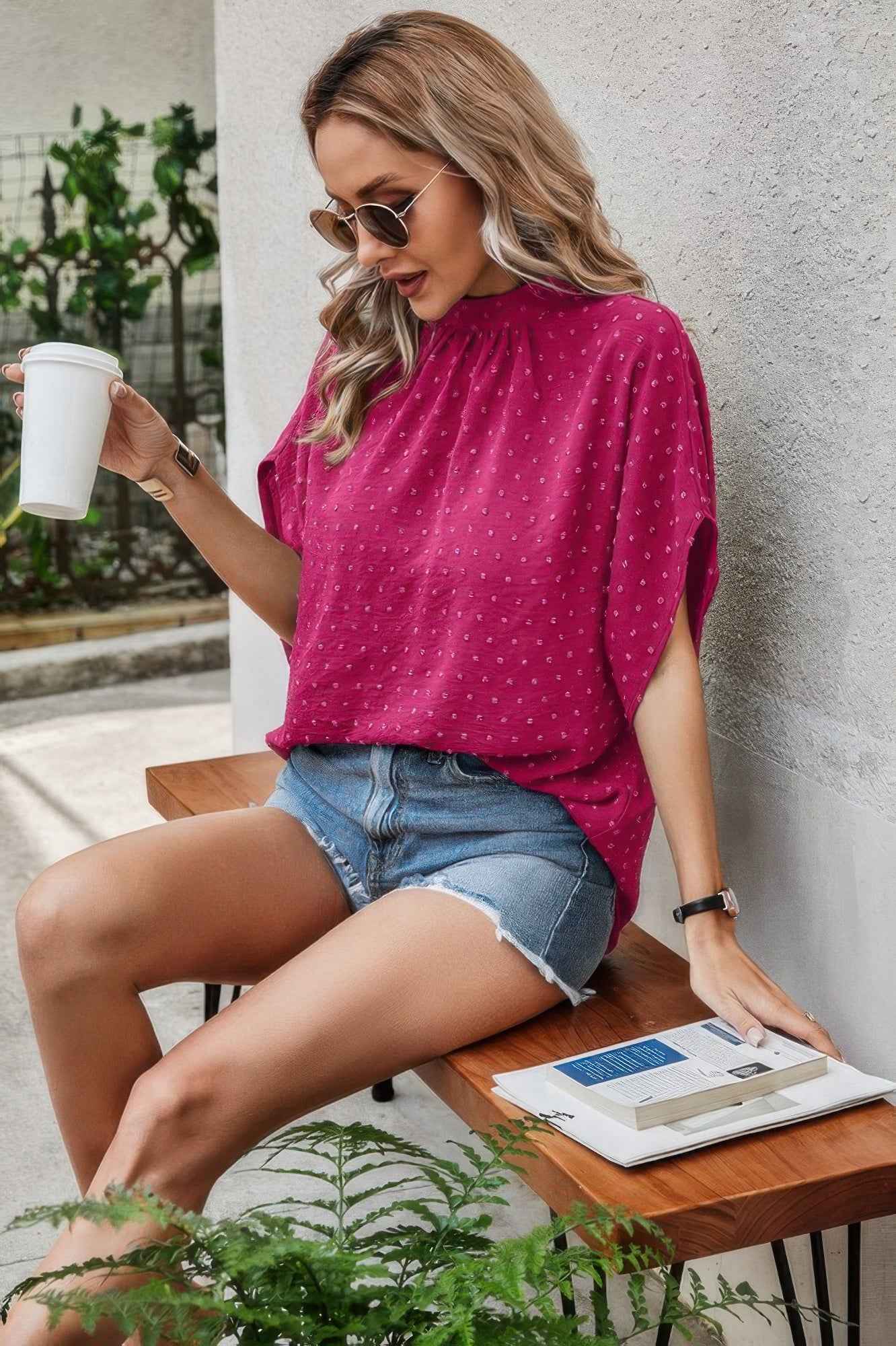 Solid Swiss Dot Mock Neck Drop Shoulder Blouse