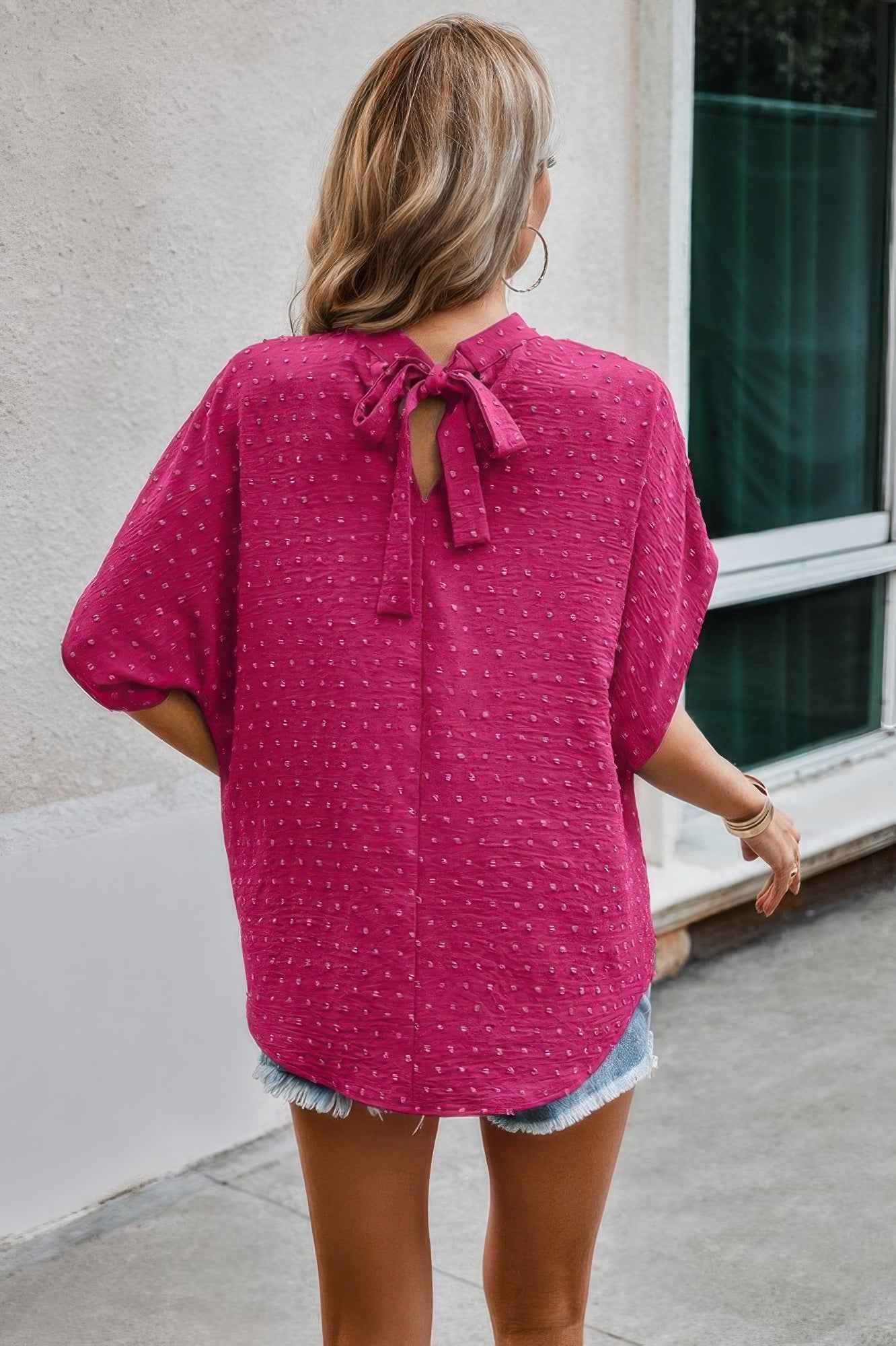 Solid Swiss Dot Mock Neck Drop Shoulder Blouse