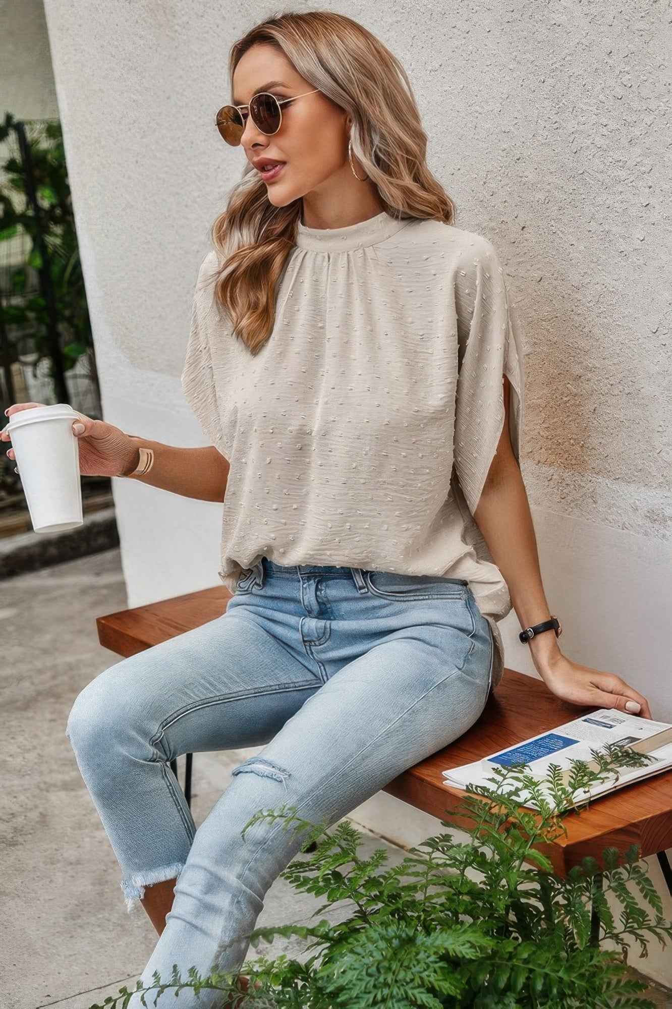 Solid Swiss Dot Mock Neck Drop Shoulder Blouse