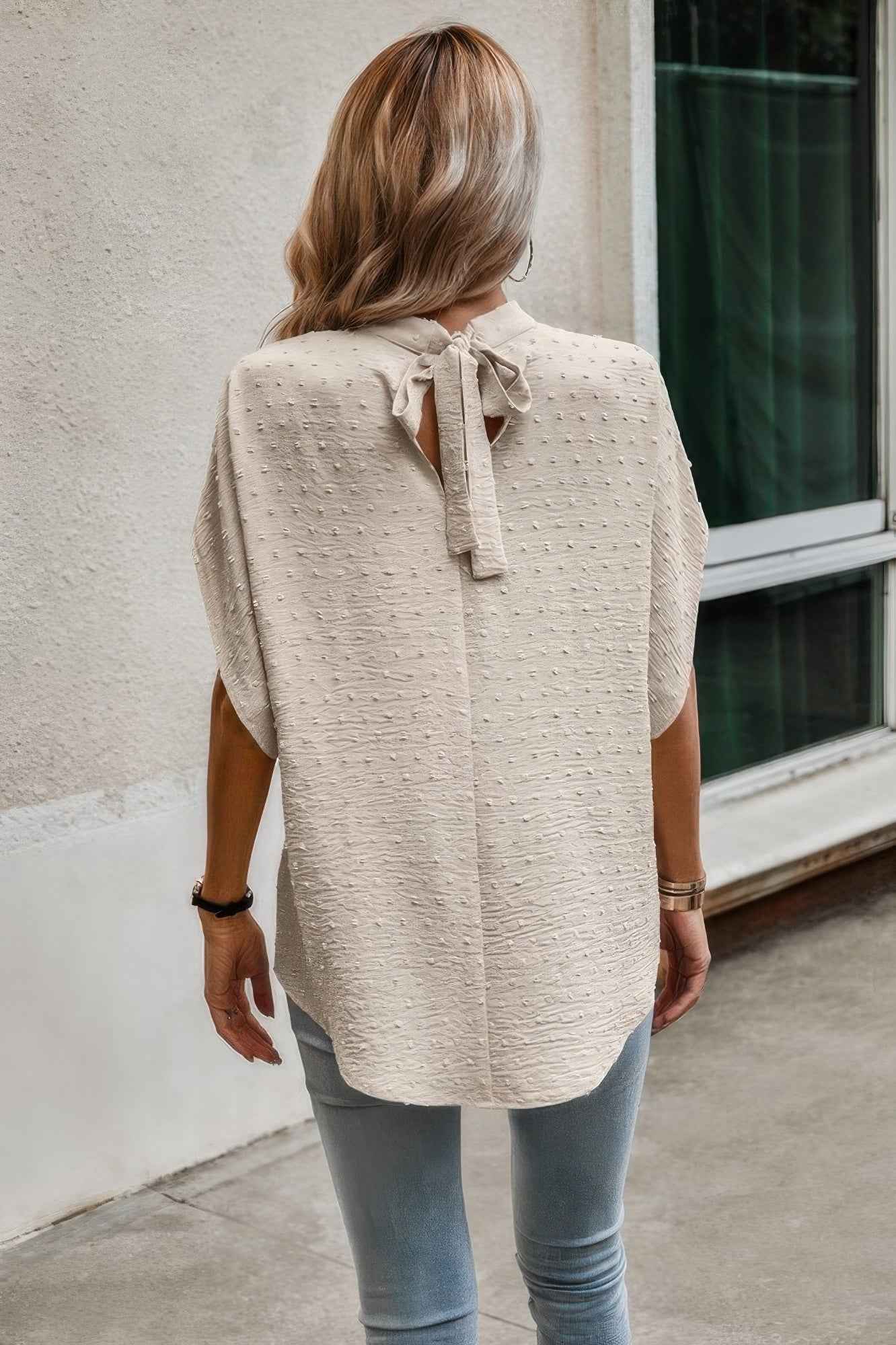 Solid Swiss Dot Mock Neck Drop Shoulder Blouse