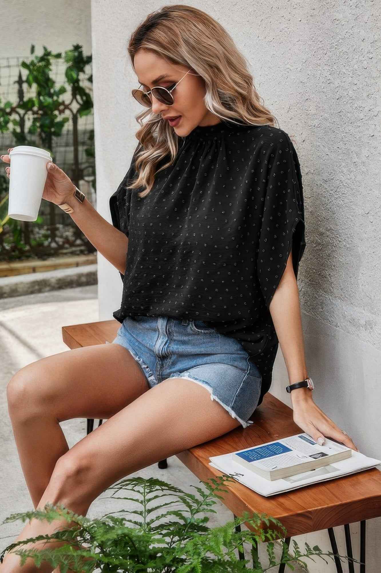 Solid Swiss Dot Mock Neck Drop Shoulder Blouse